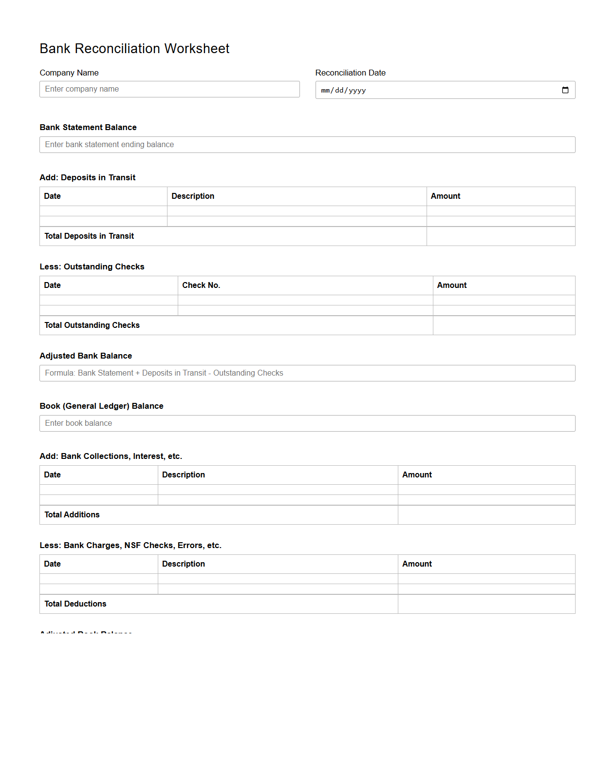 Bank Reconciliation Worksheet Format