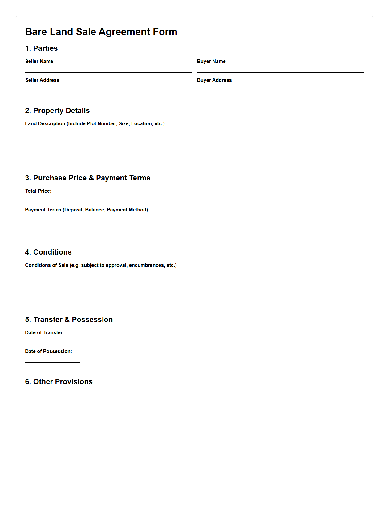 Bare Land Sale Agreement Form Example