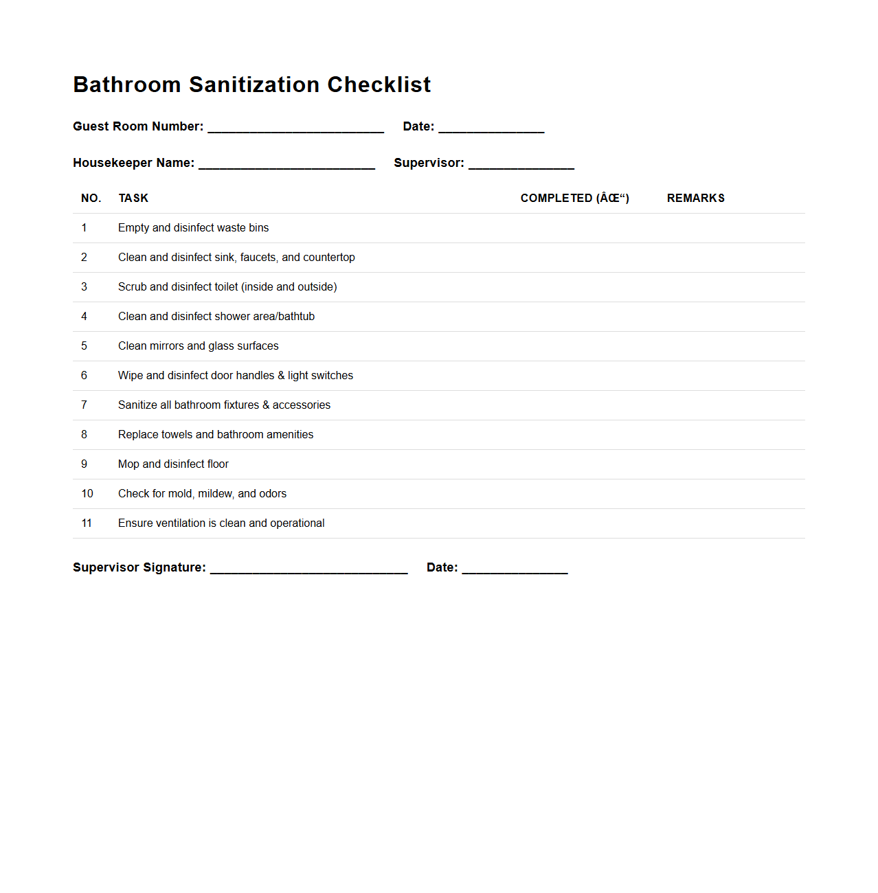 Bathroom Sanitization Checklist for Hotel Housekeeping