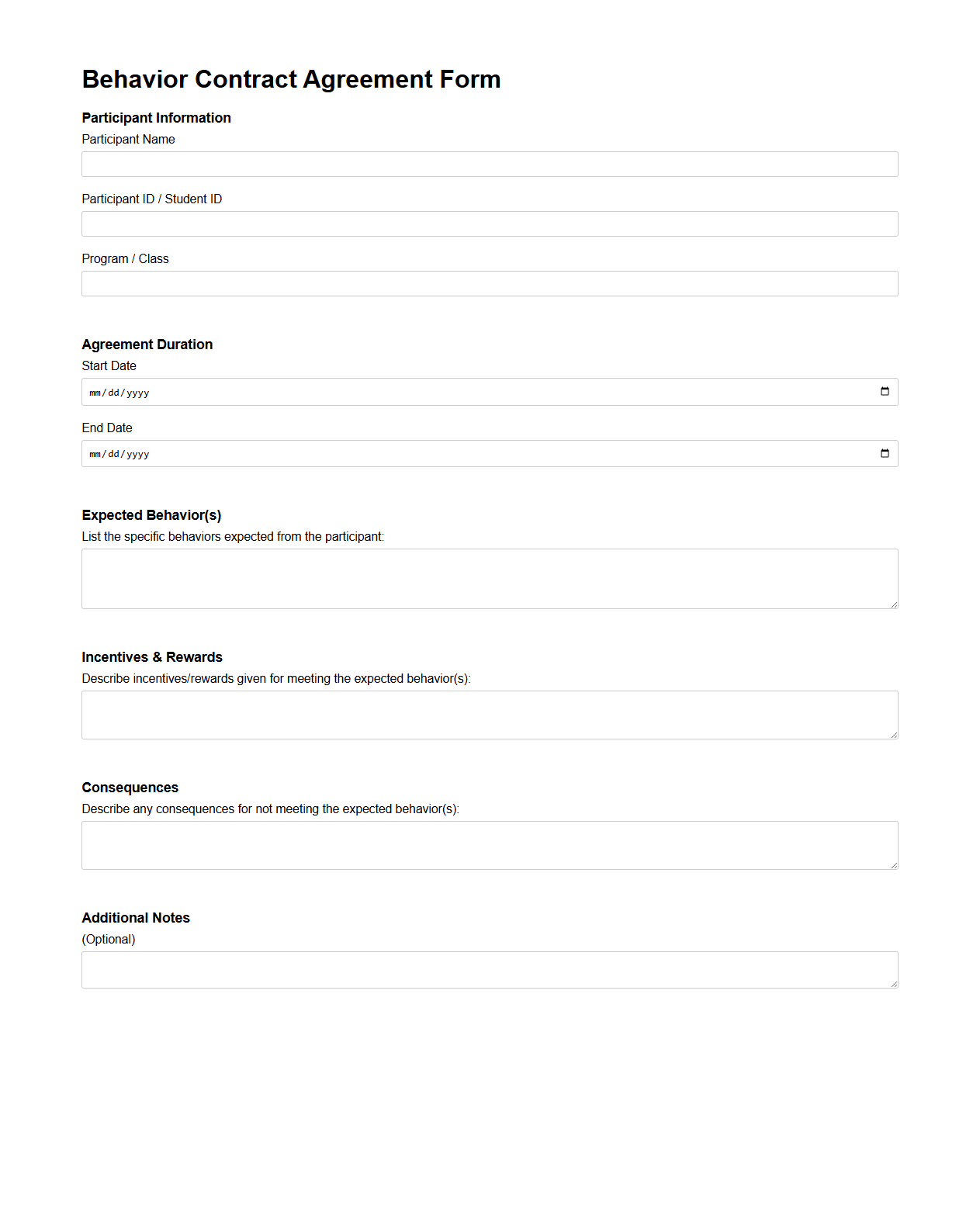 Behavior Contract Agreement Form