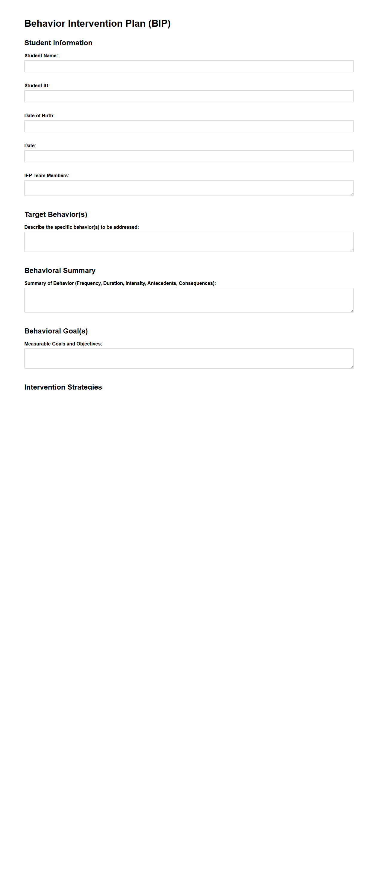 Behavior Intervention Plan within IEP Sample