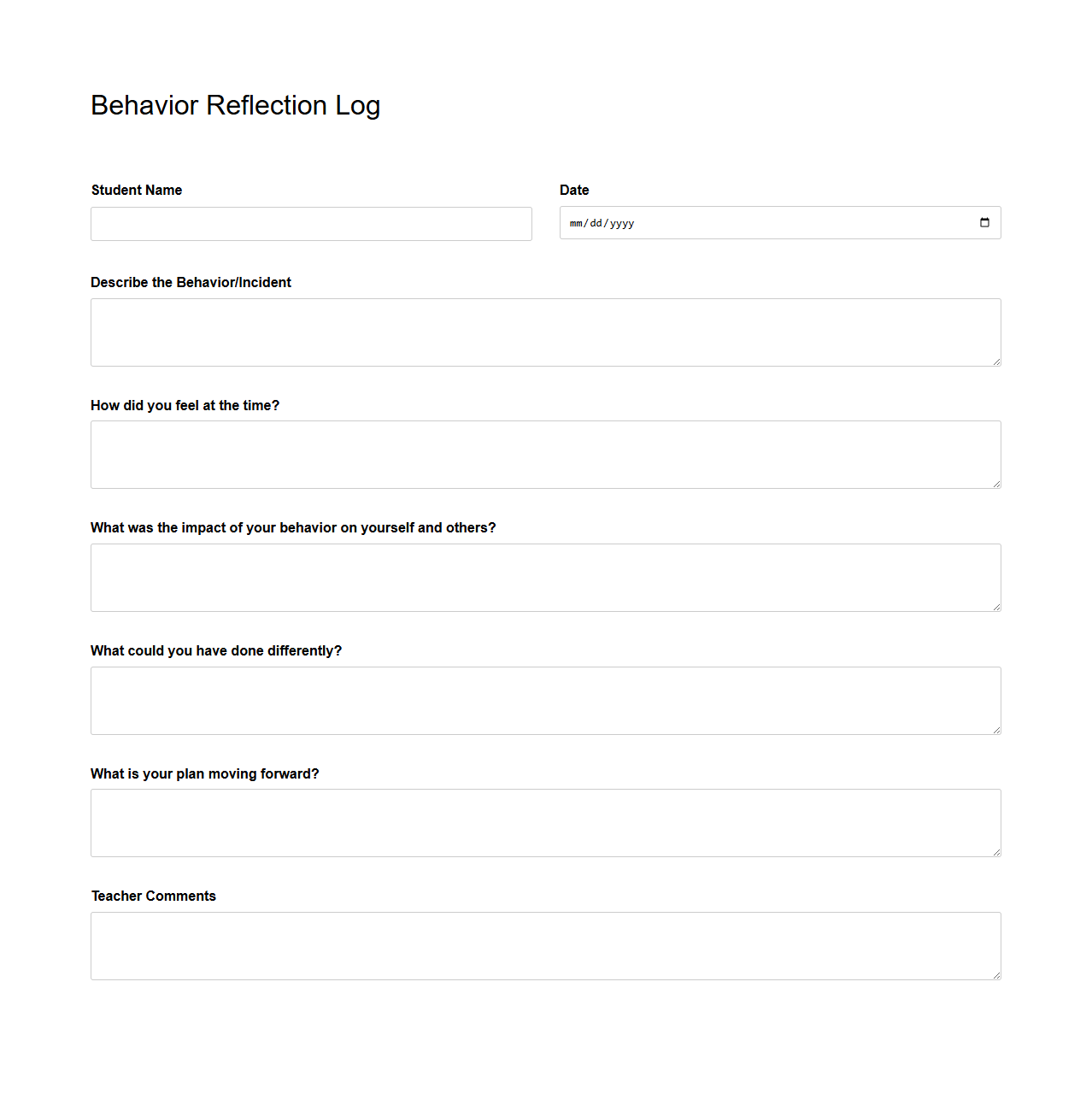 Behavior Reflection Log Template
