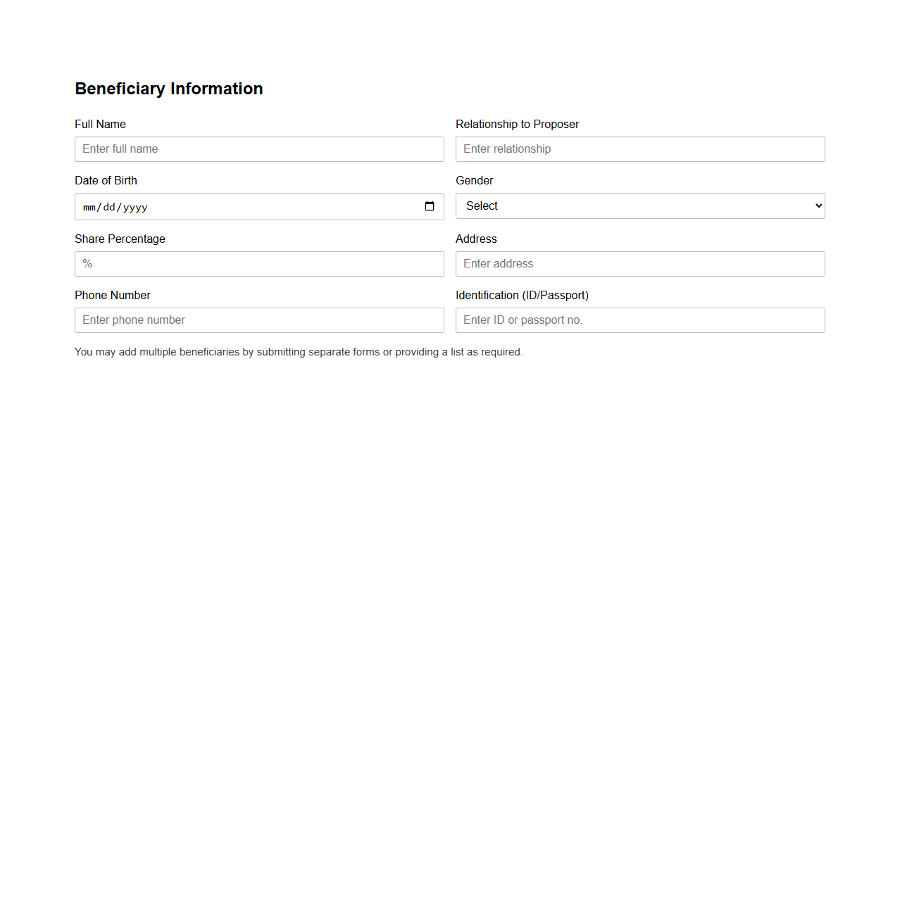Beneficiary Information Section for Life Insurance Proposal