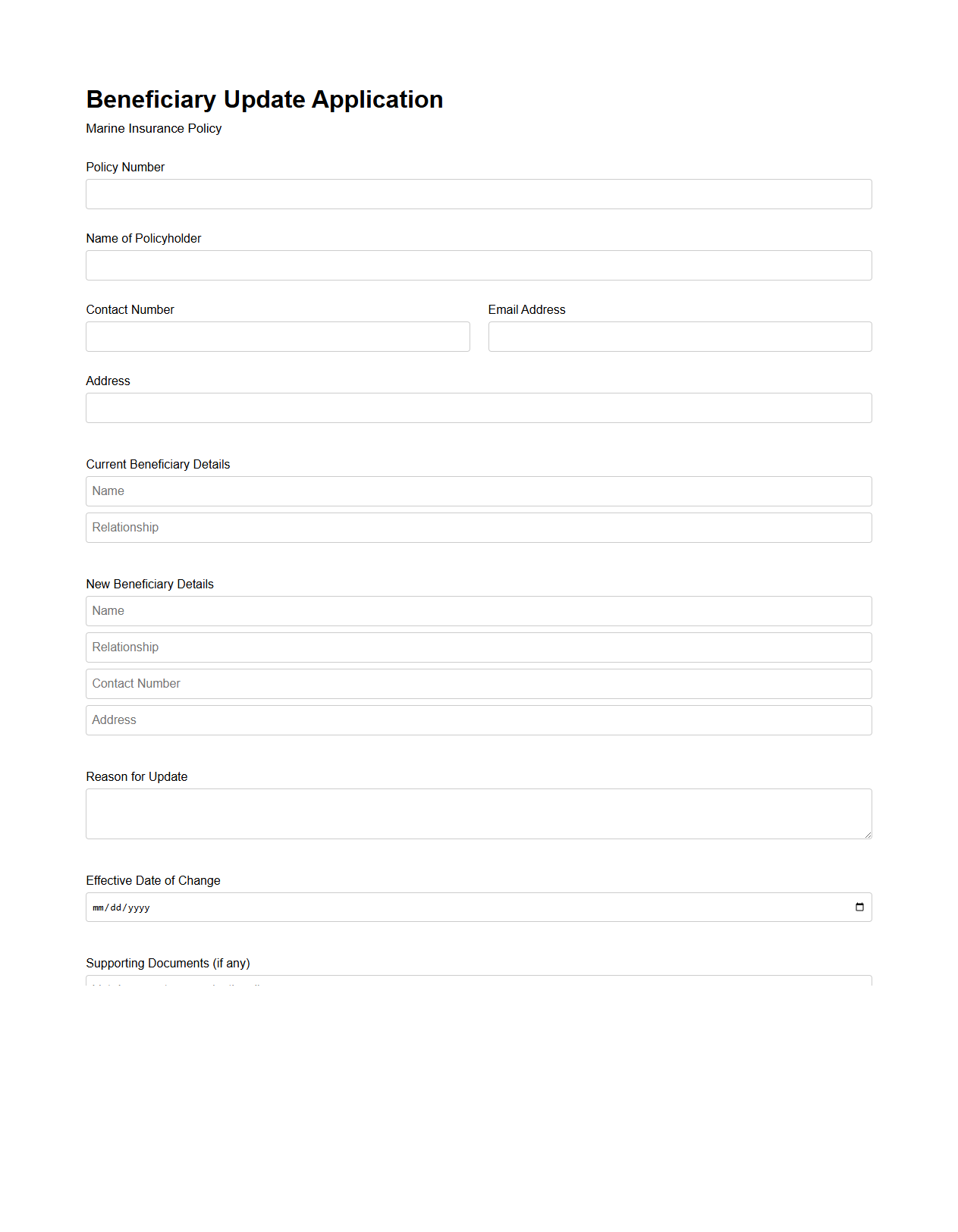 Beneficiary Update Application for Marine Insurance