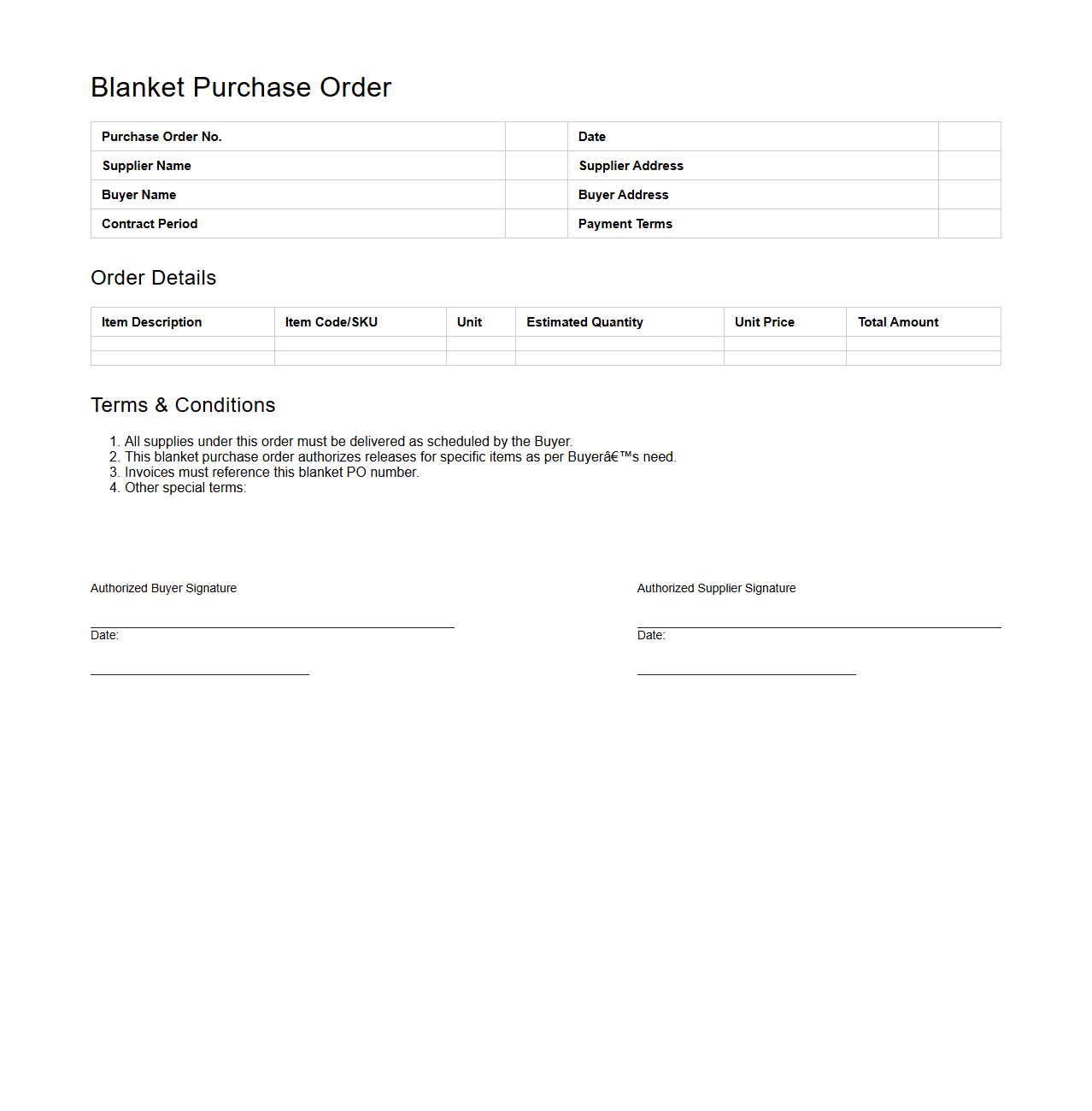 Blanket Purchase Order Example for Bulk Procurement
