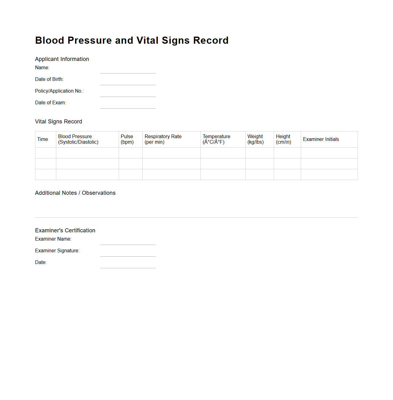 Blood Pressure and Vital Signs Record for Term Life Insurance Application