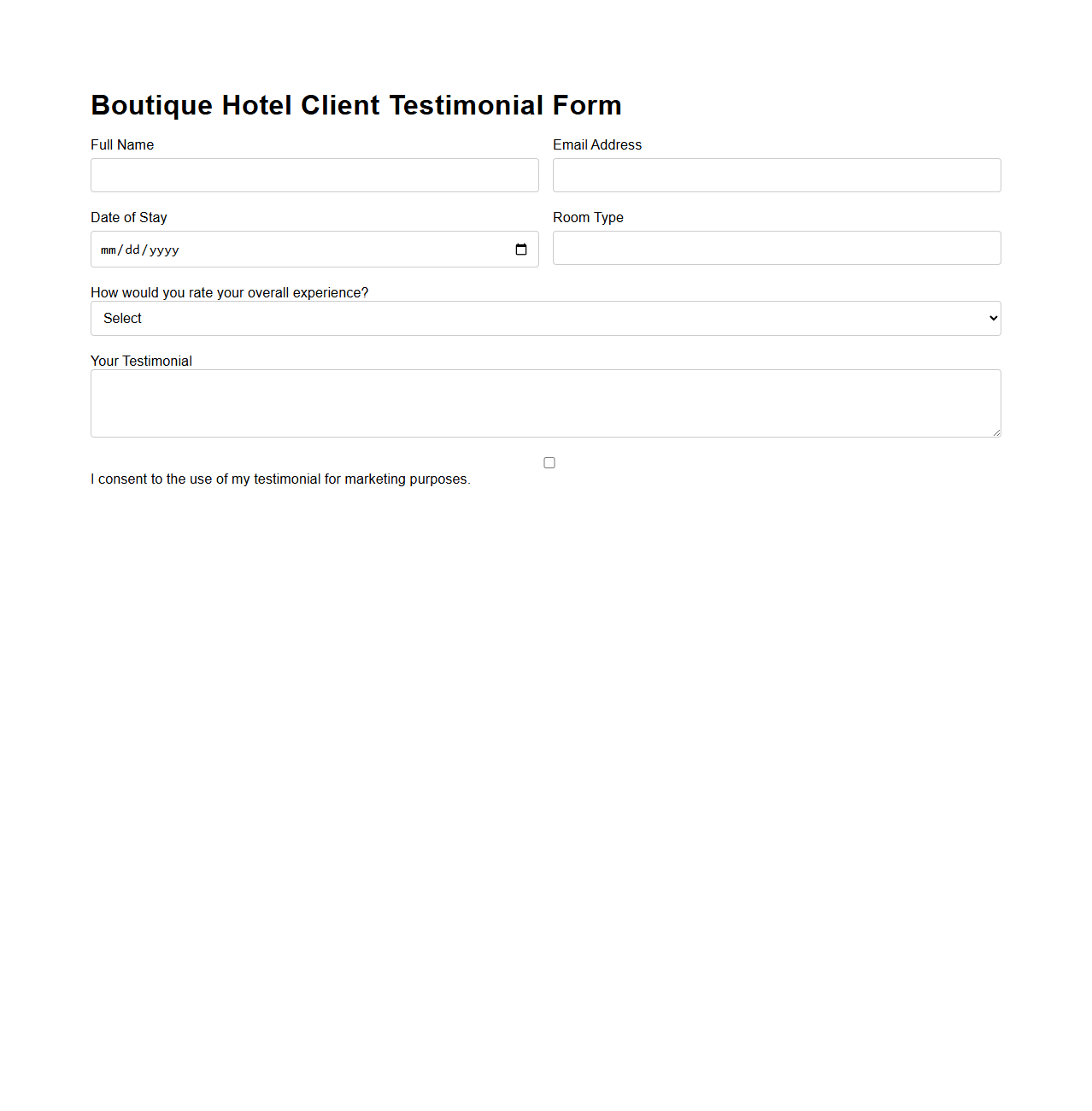 Boutique Hotel Client Testimonial Form