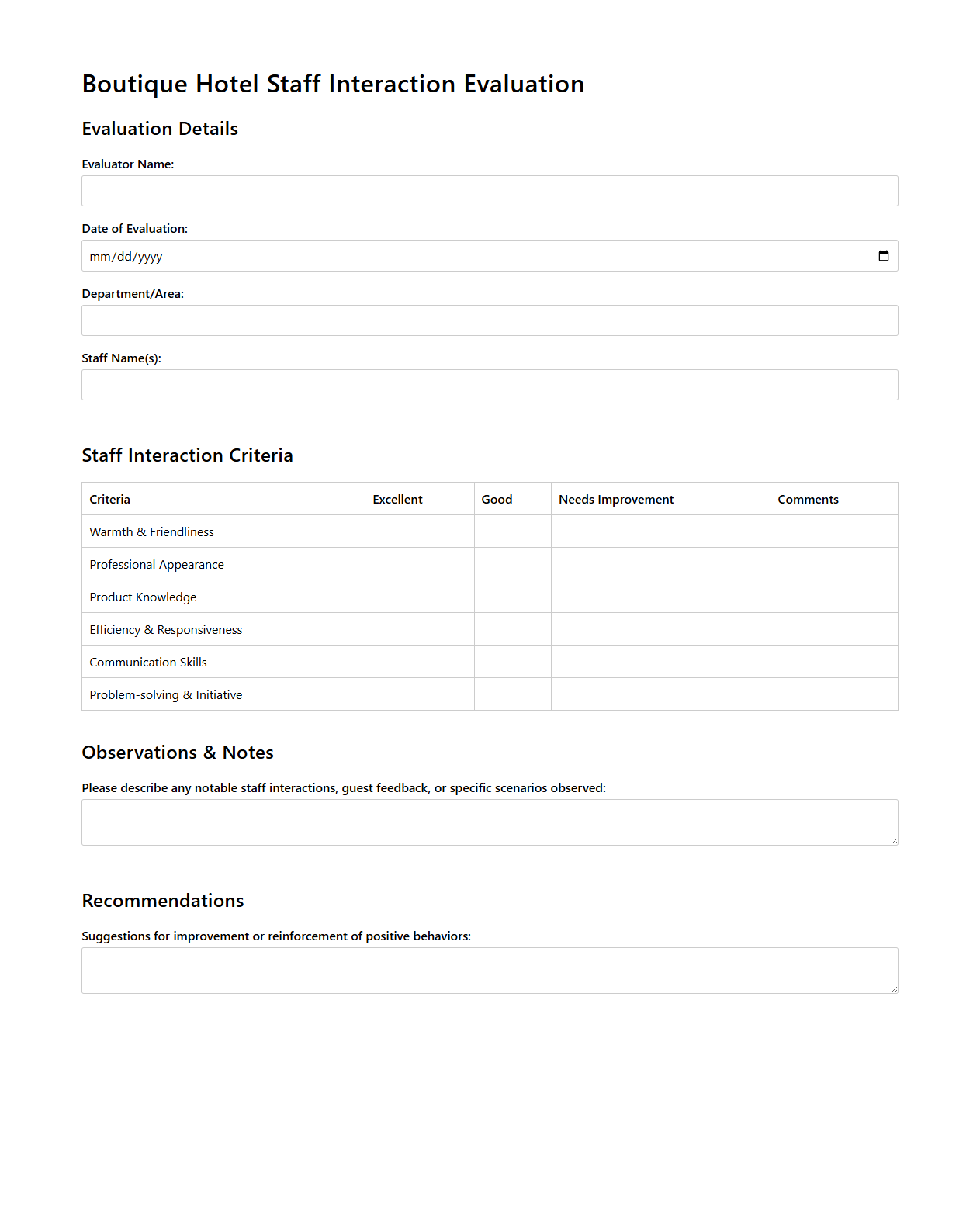 Boutique Hotel Staff Interaction Evaluation Template