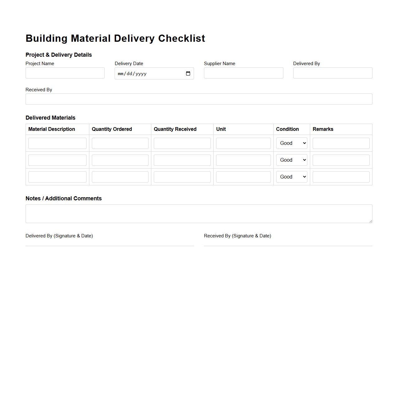 Building Material Delivery Checklist Sample
