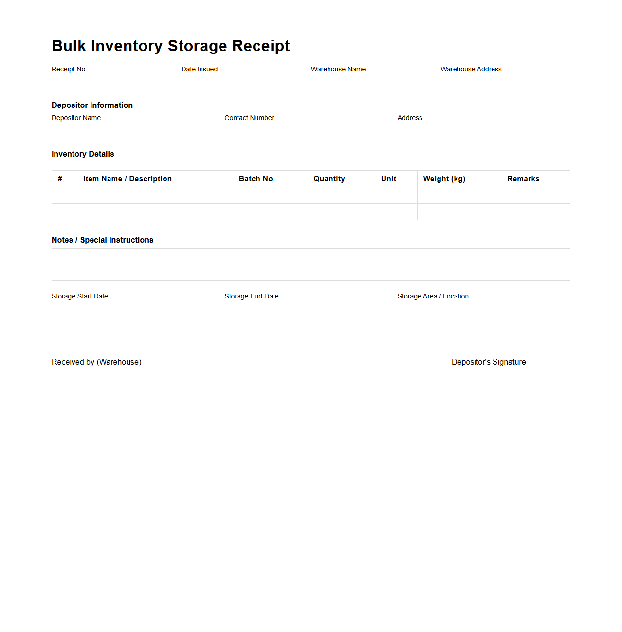 Bulk Inventory Storage Receipt for Warehouse Management