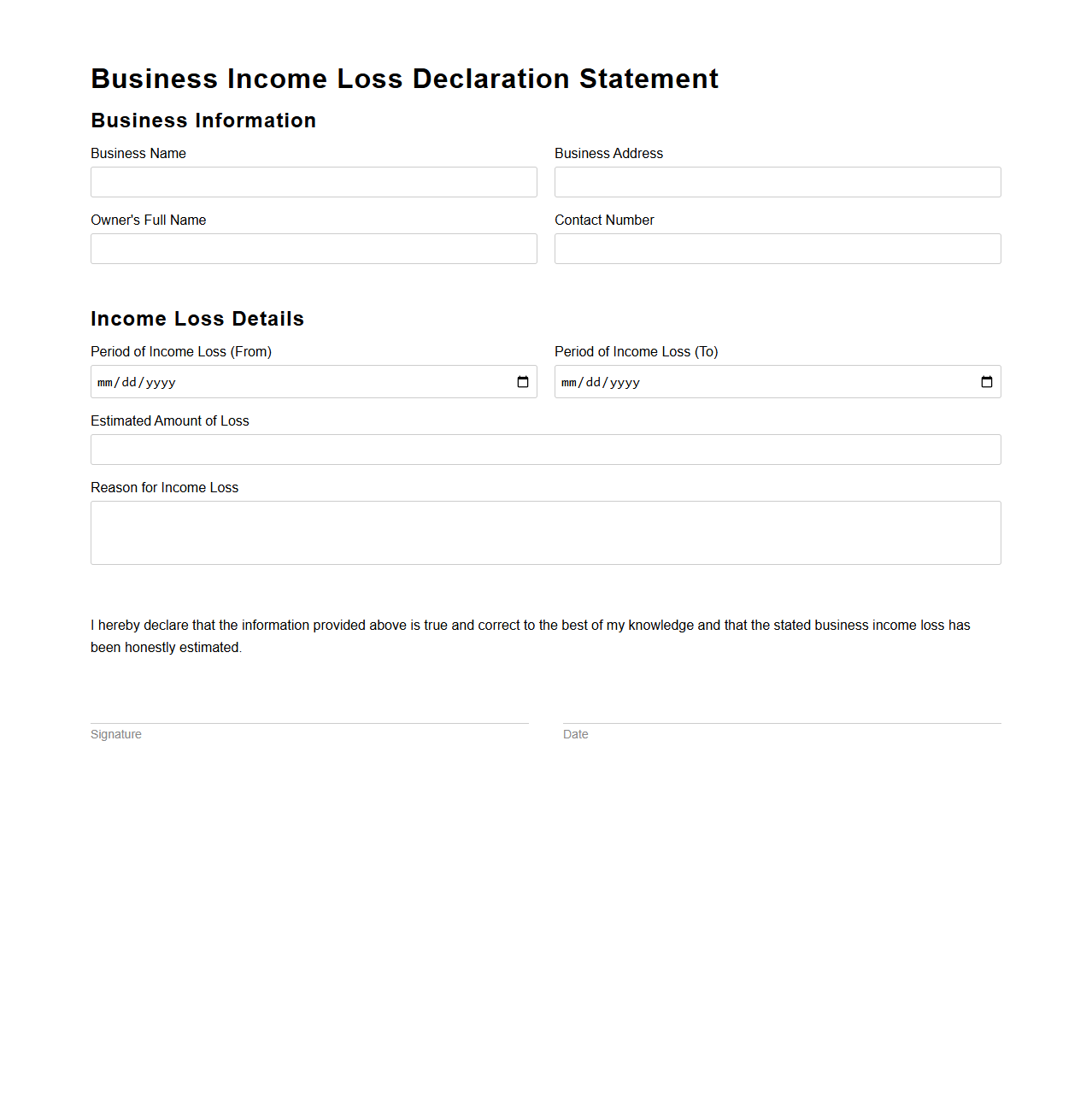 Business Income Loss Declaration Statement