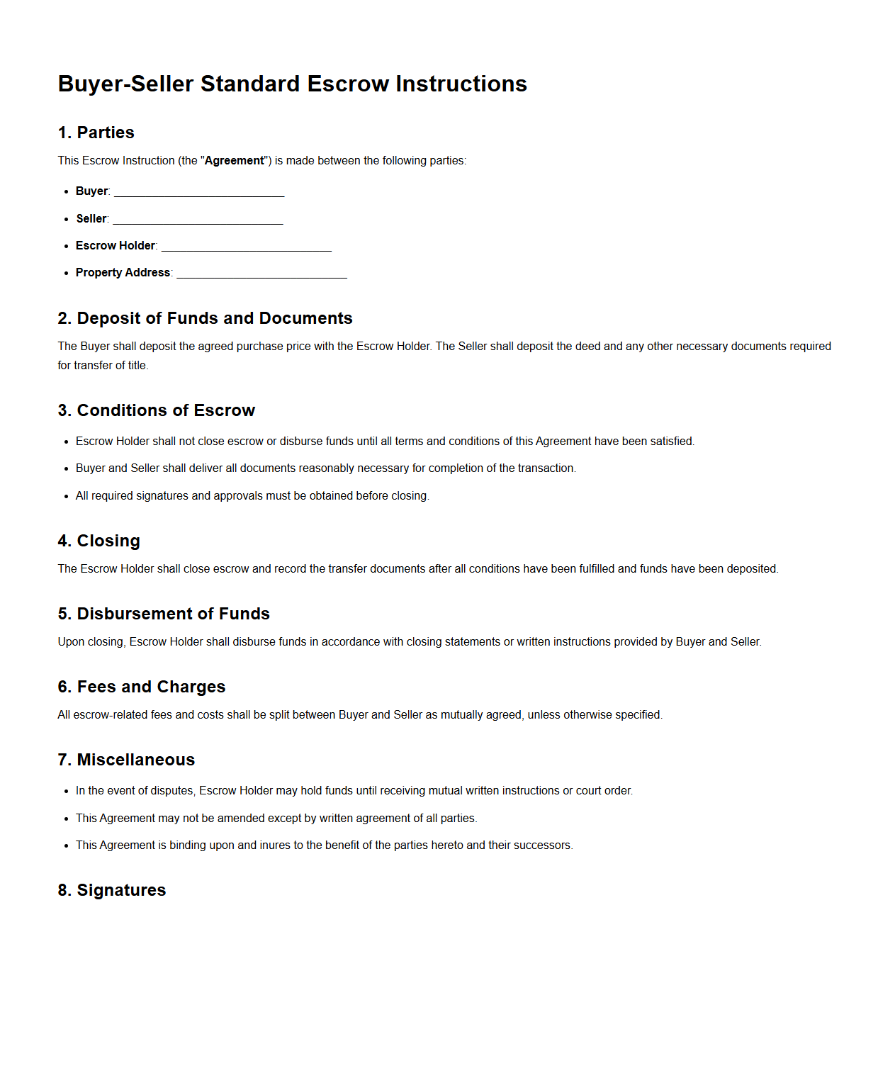 Buyer-Seller Standard Escrow Instructions Sample