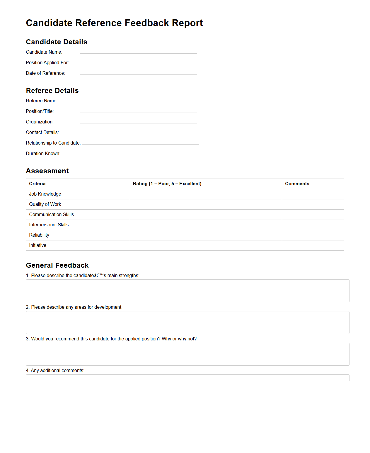 Candidate Reference Feedback Report Format