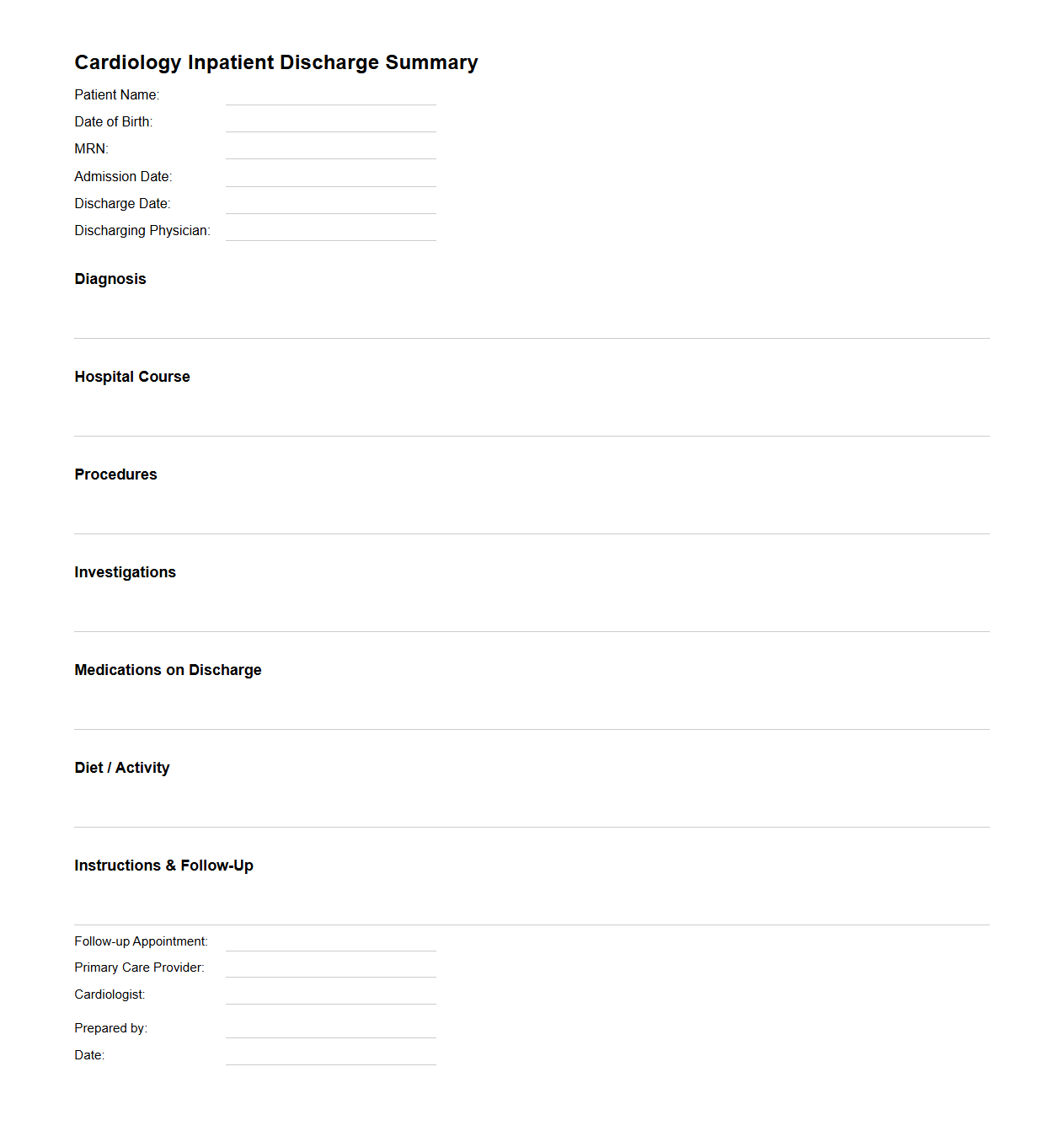 Cardiology Inpatient Discharge Summary Template