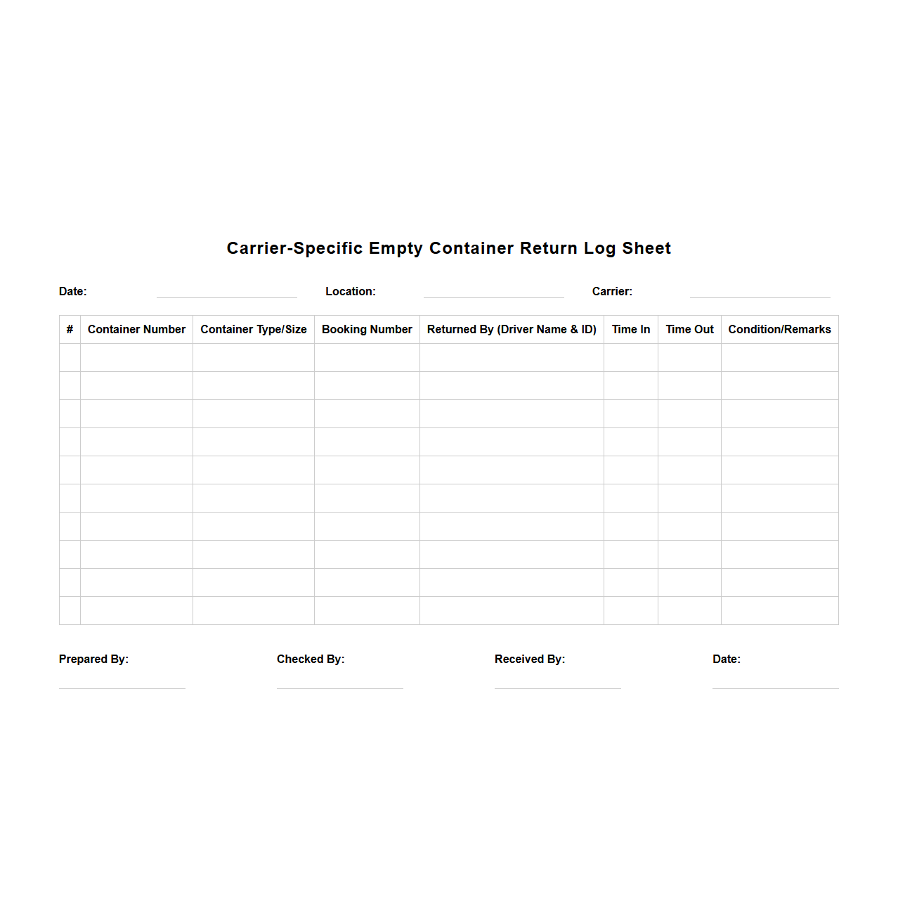 Carrier-Specific Empty Container Return Log Sheet