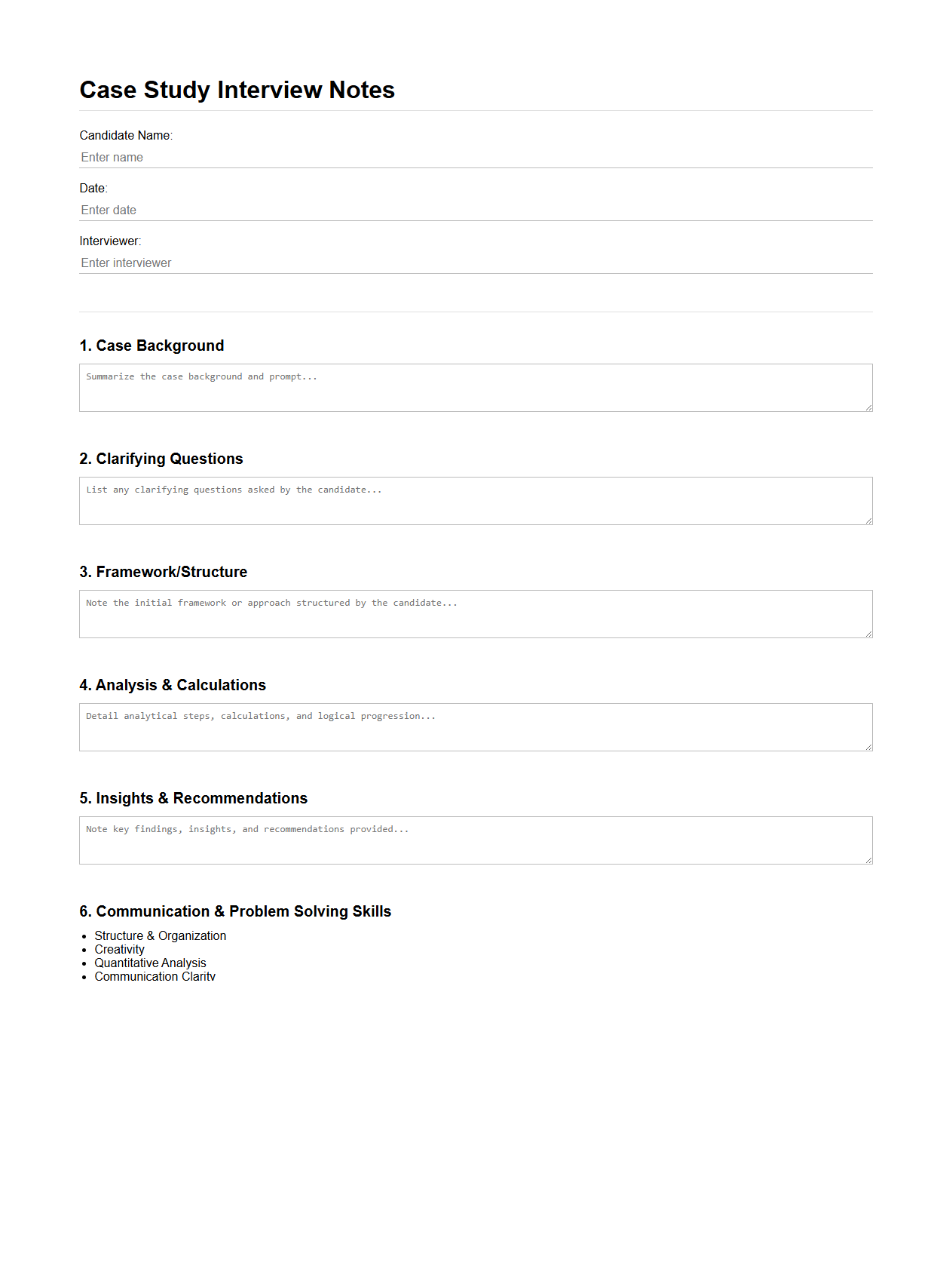 Case Study Interview Notes Format for Consulting Roles