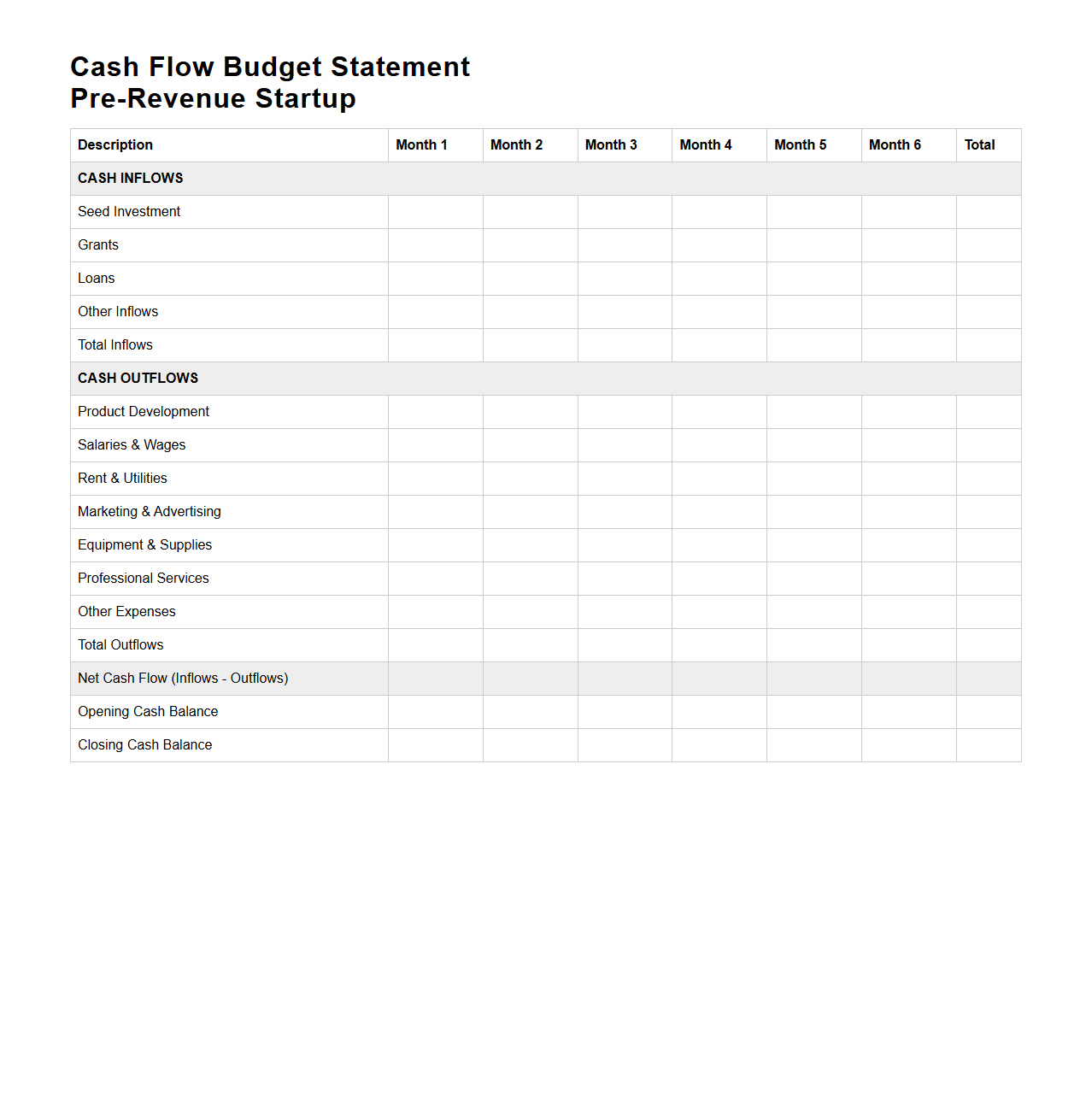 Cash Flow Budget Statement for Pre-Revenue Startups