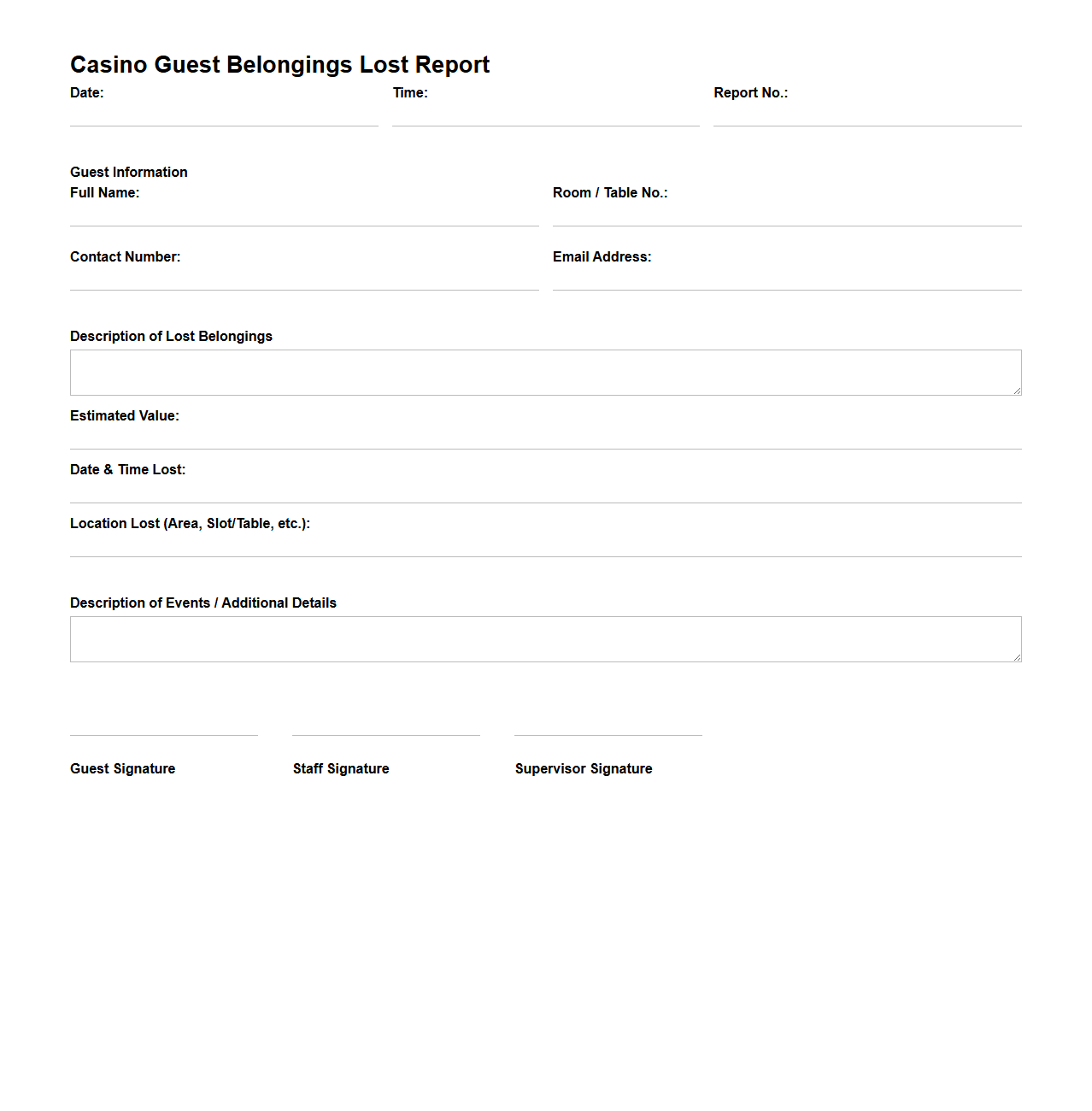 Casino Guest Belongings Lost Report Sample