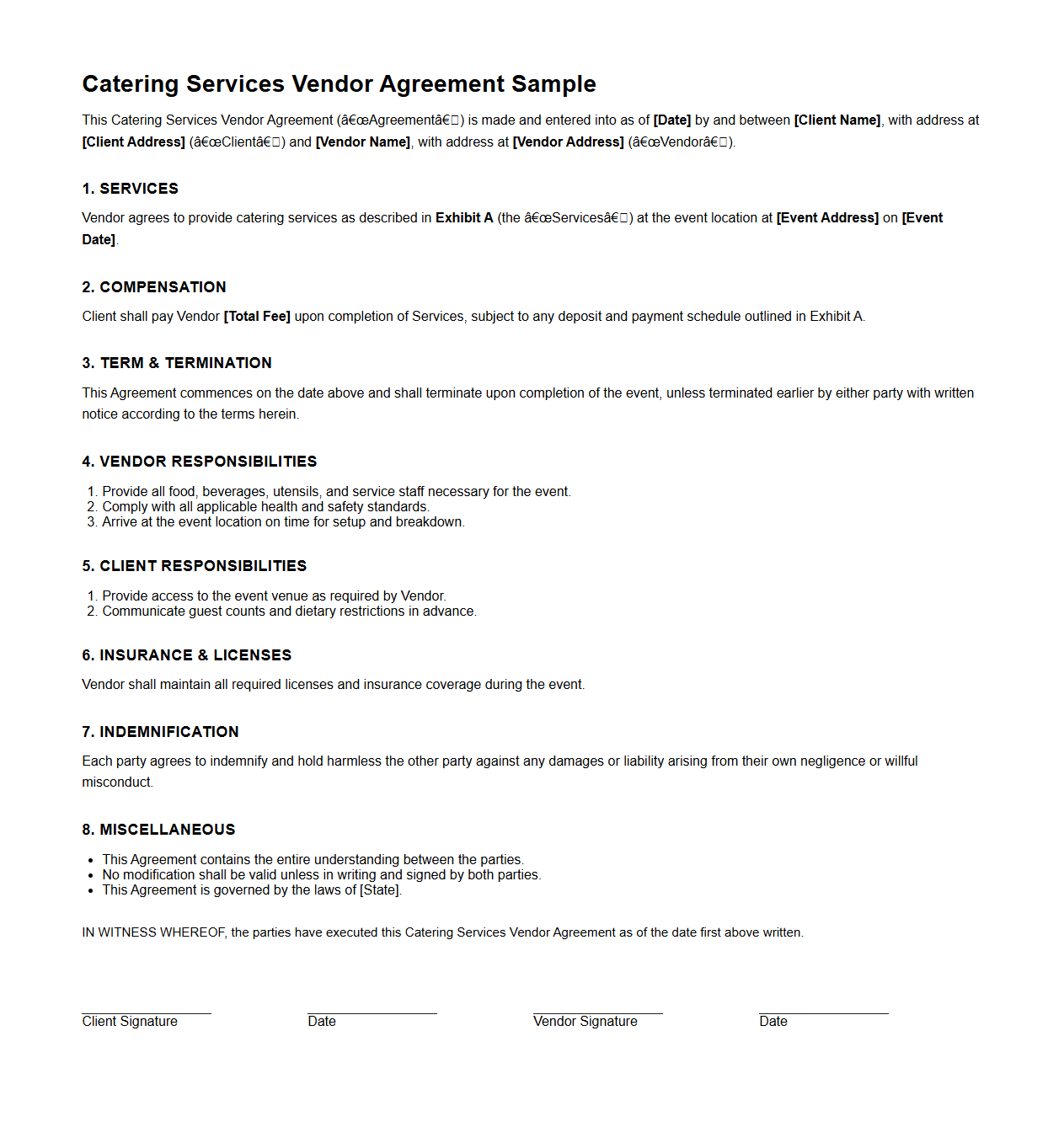 Catering Services Vendor Agreement Sample
