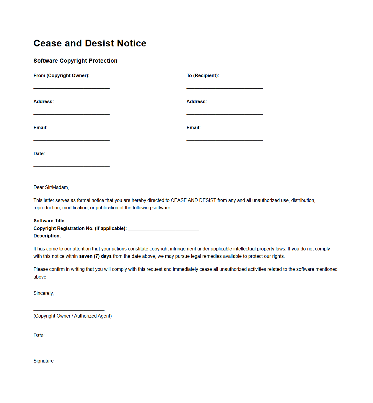 Cease and Desist Form for Software Copyright Protection