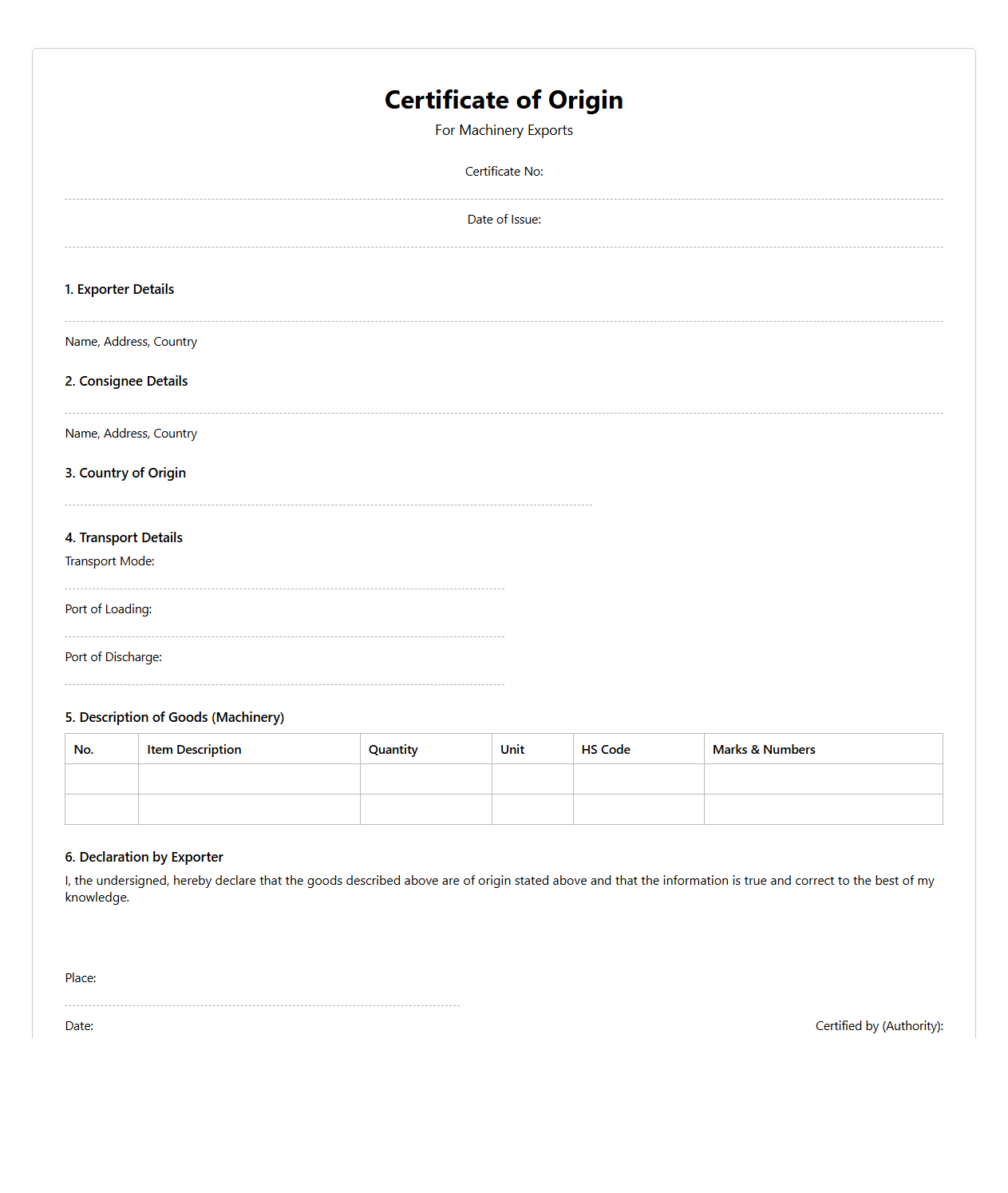Certificate of Origin Example for Machinery Exports