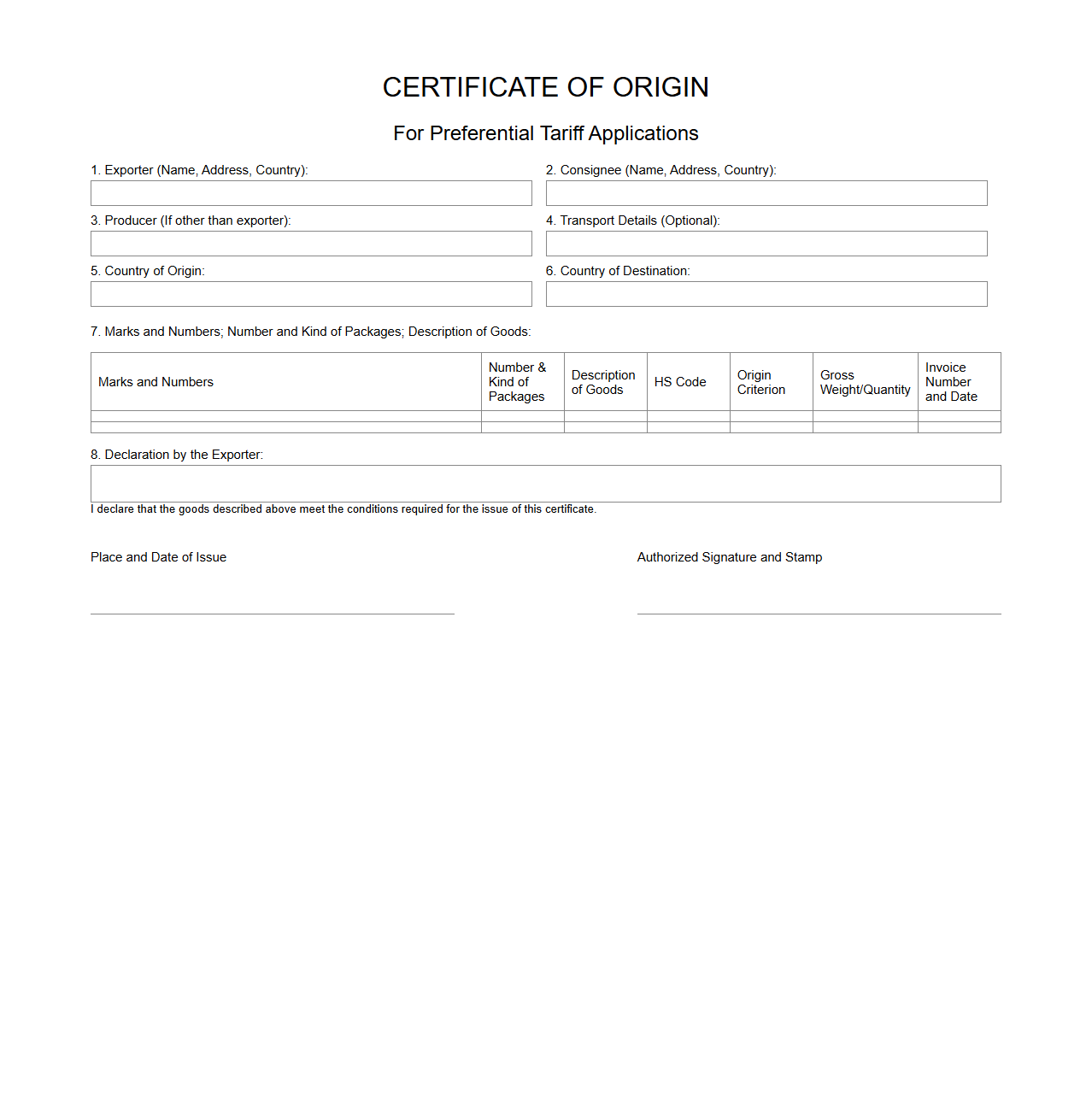 Certificate of Origin for Preferential Tariff Applications