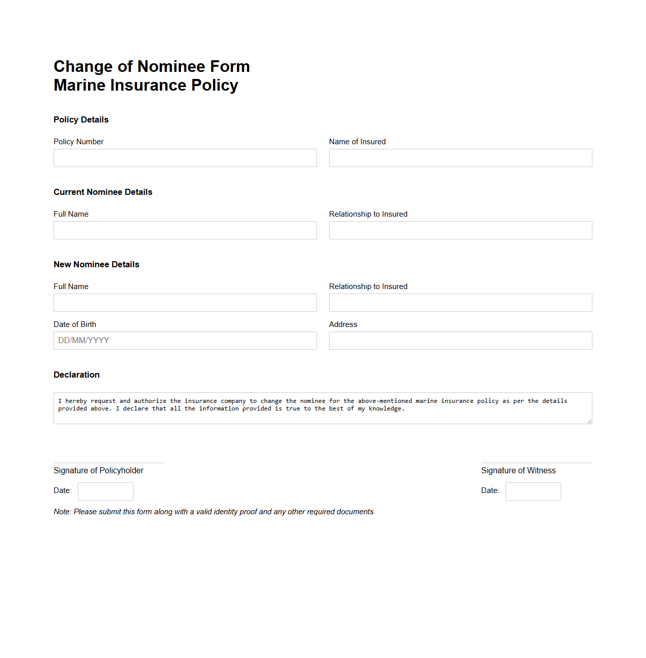 Change of Nominee Document for Marine Insurance