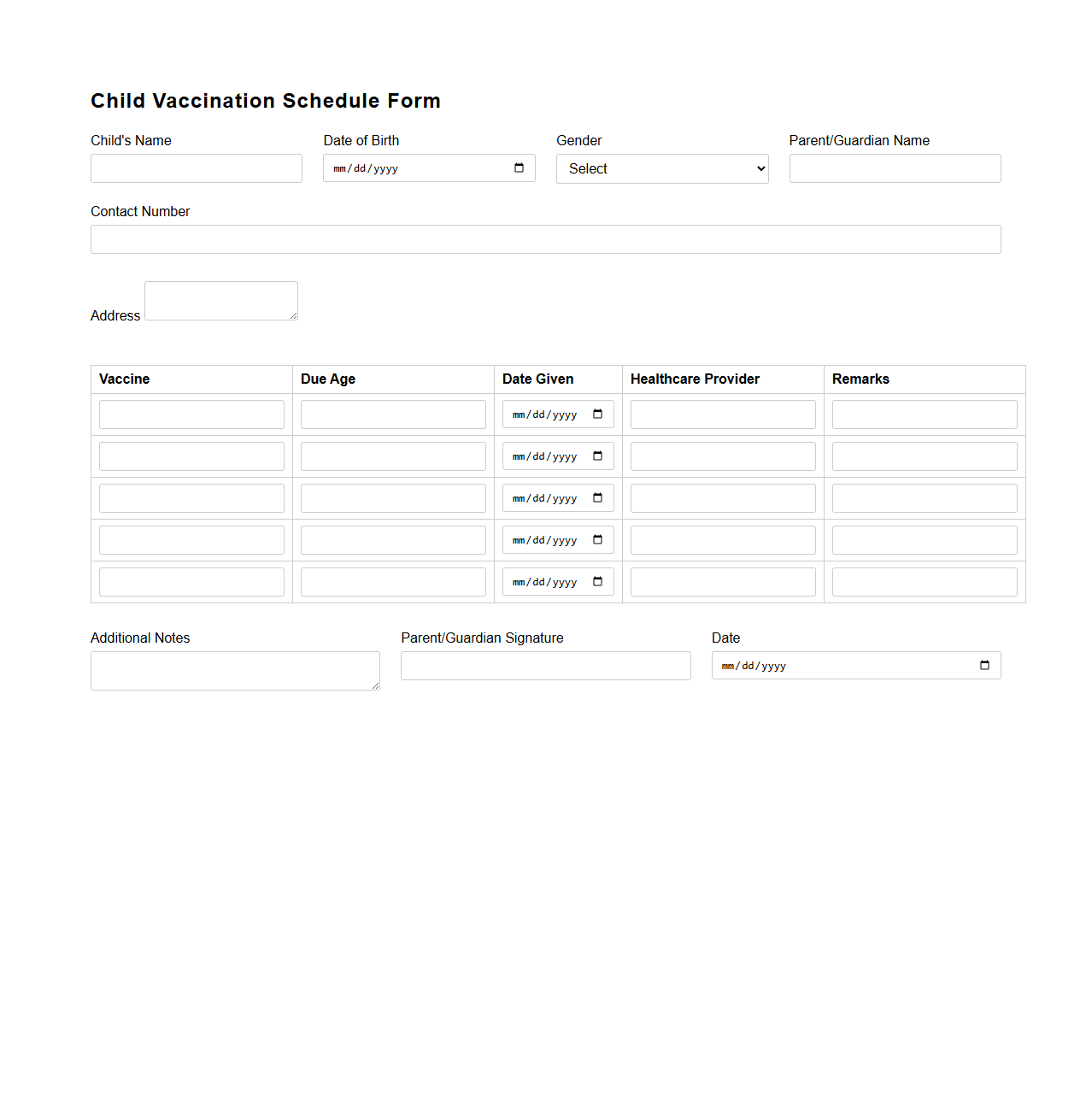 Child Vaccination Schedule Form