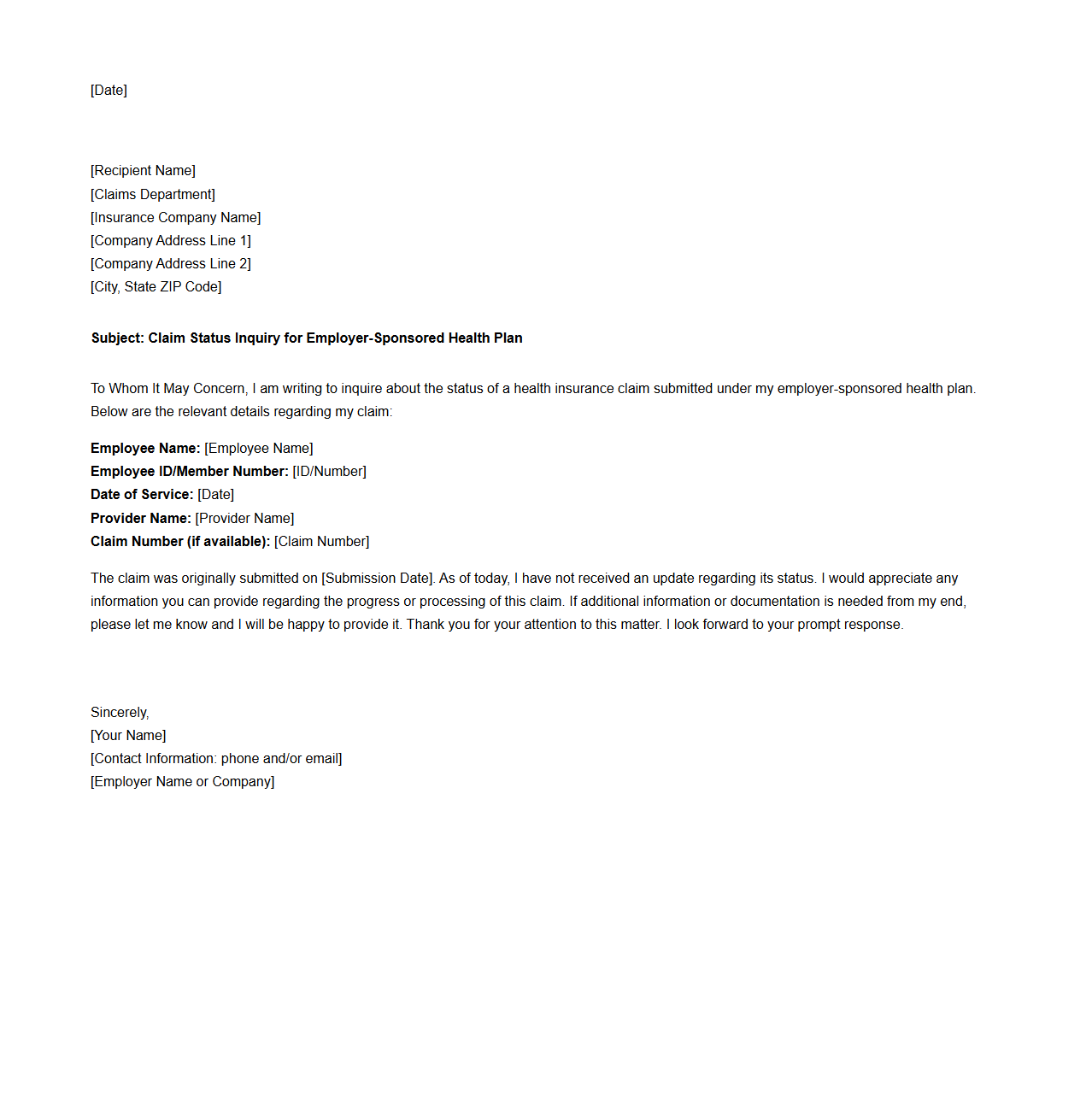 Claim Status Inquiry Letter for Employer-Sponsored Health Plans