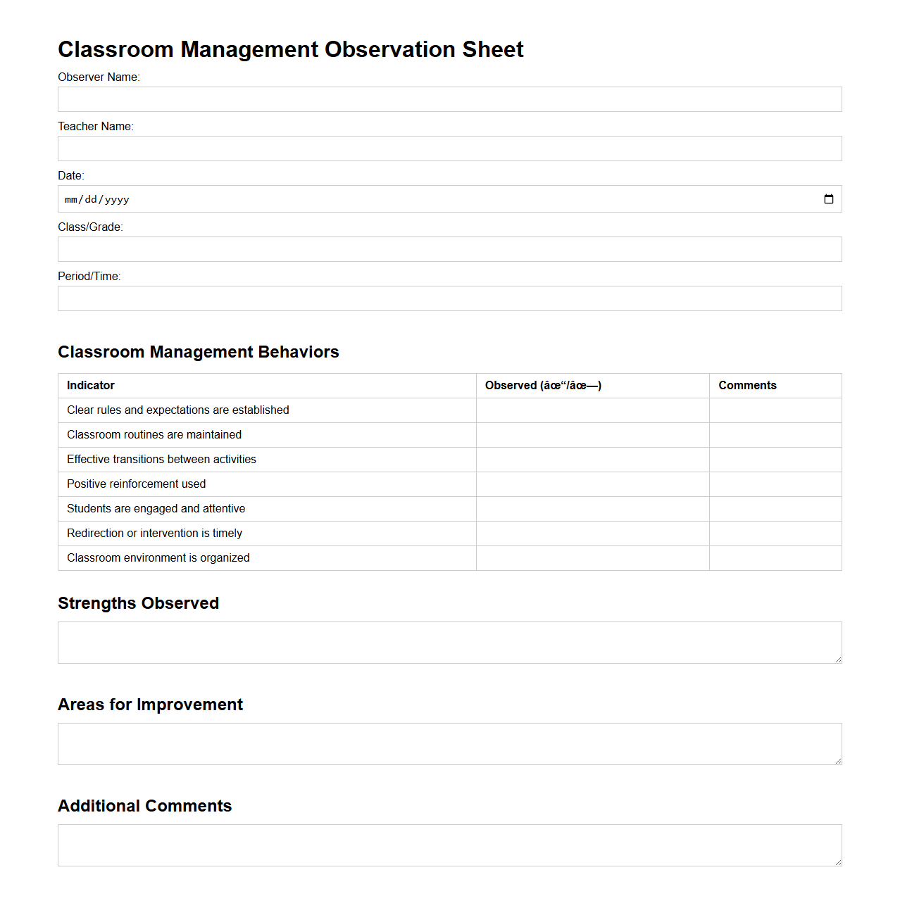 Classroom Management Observation Sheet