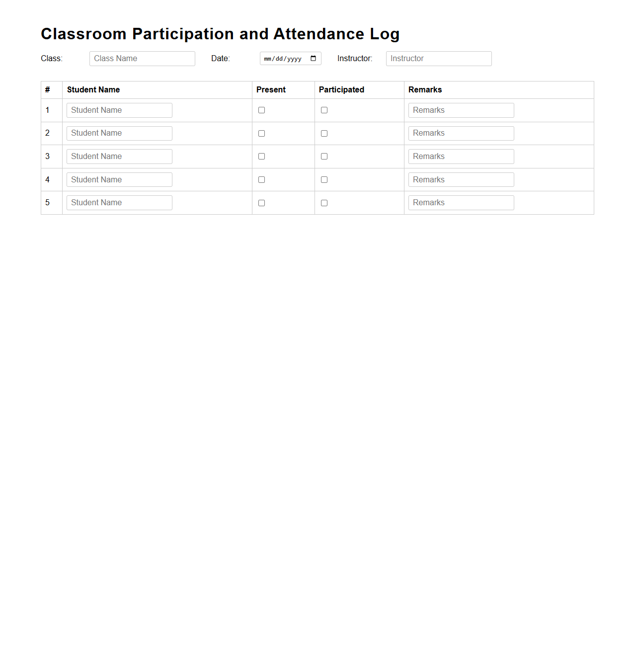 Classroom Participation and Attendance Log