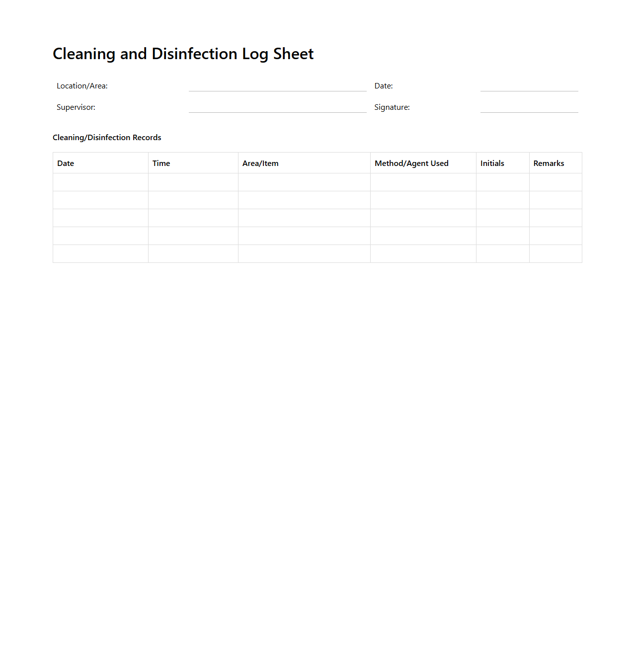 Cleaning and Disinfection Log Sheet