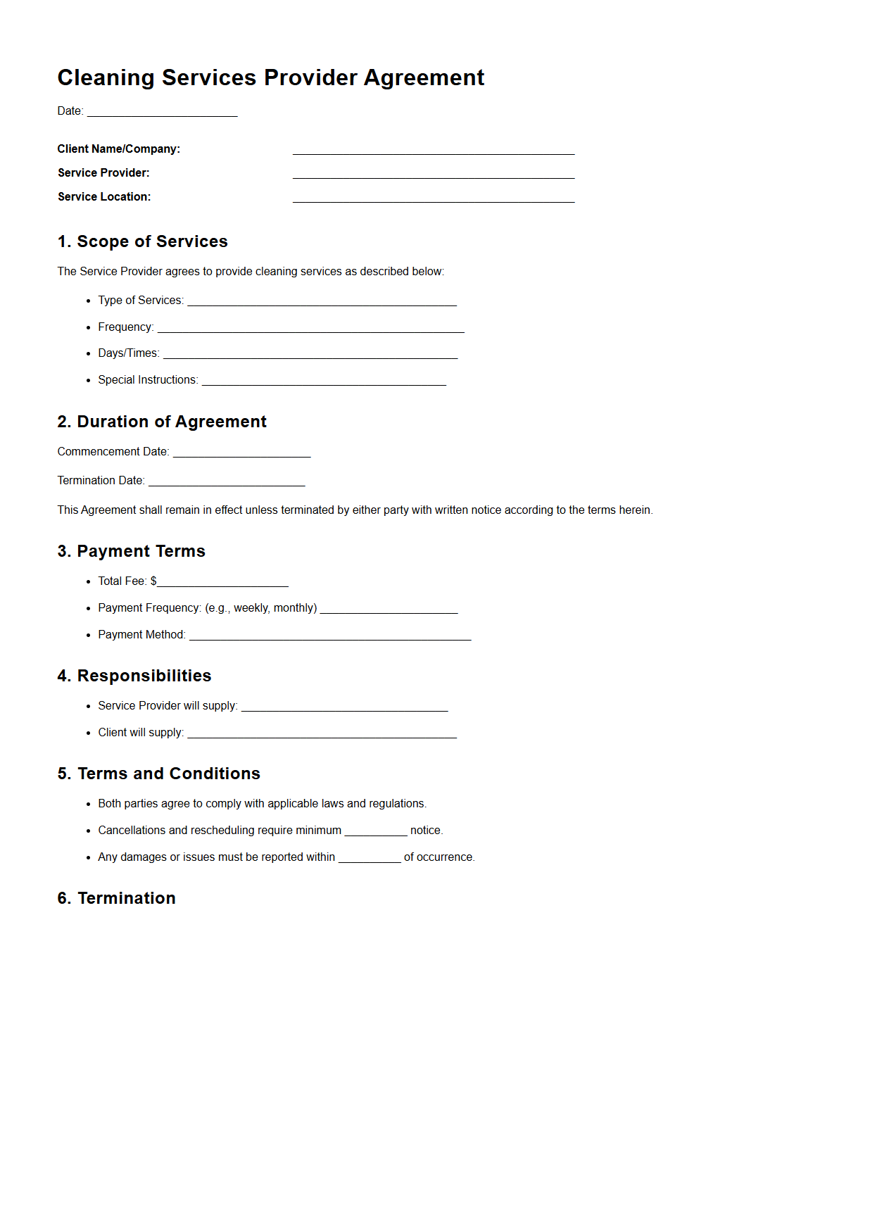 Cleaning Services Provider Agreement Format