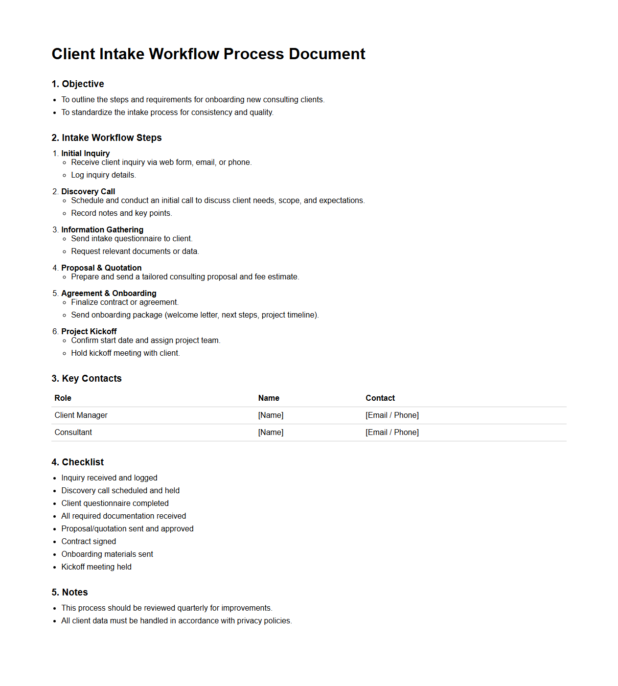 Client Intake Workflow Process Document for Consulting