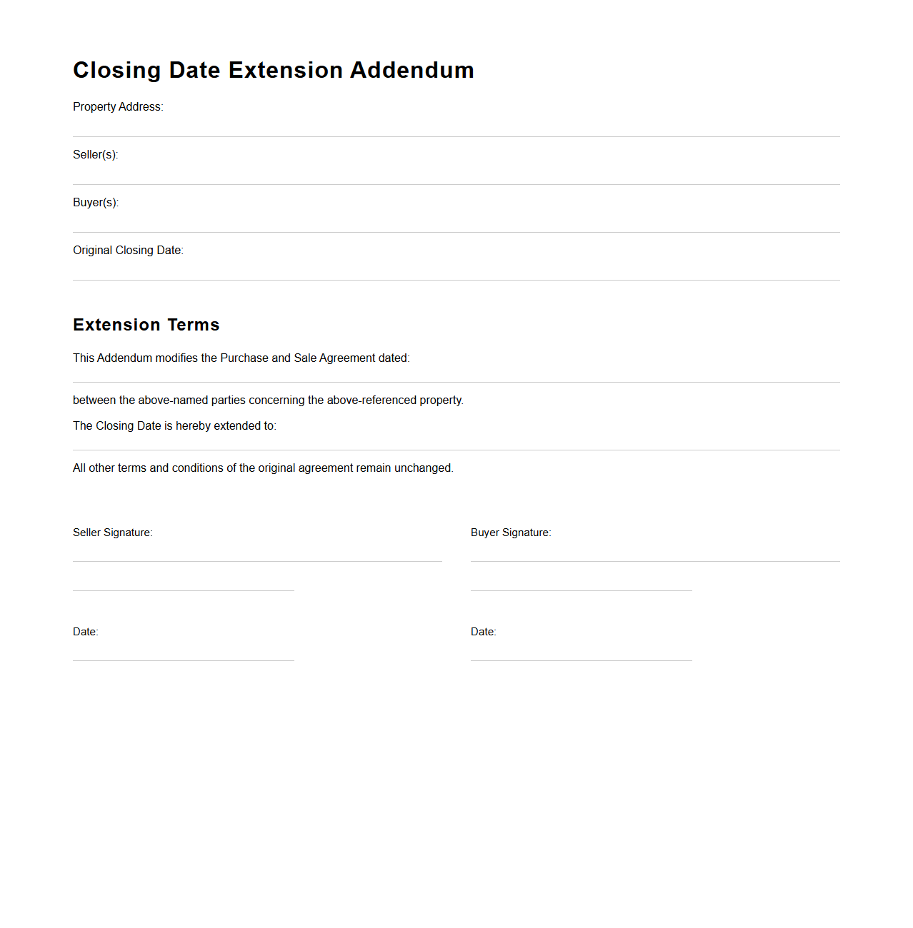 Closing Date Extension Addendum Model