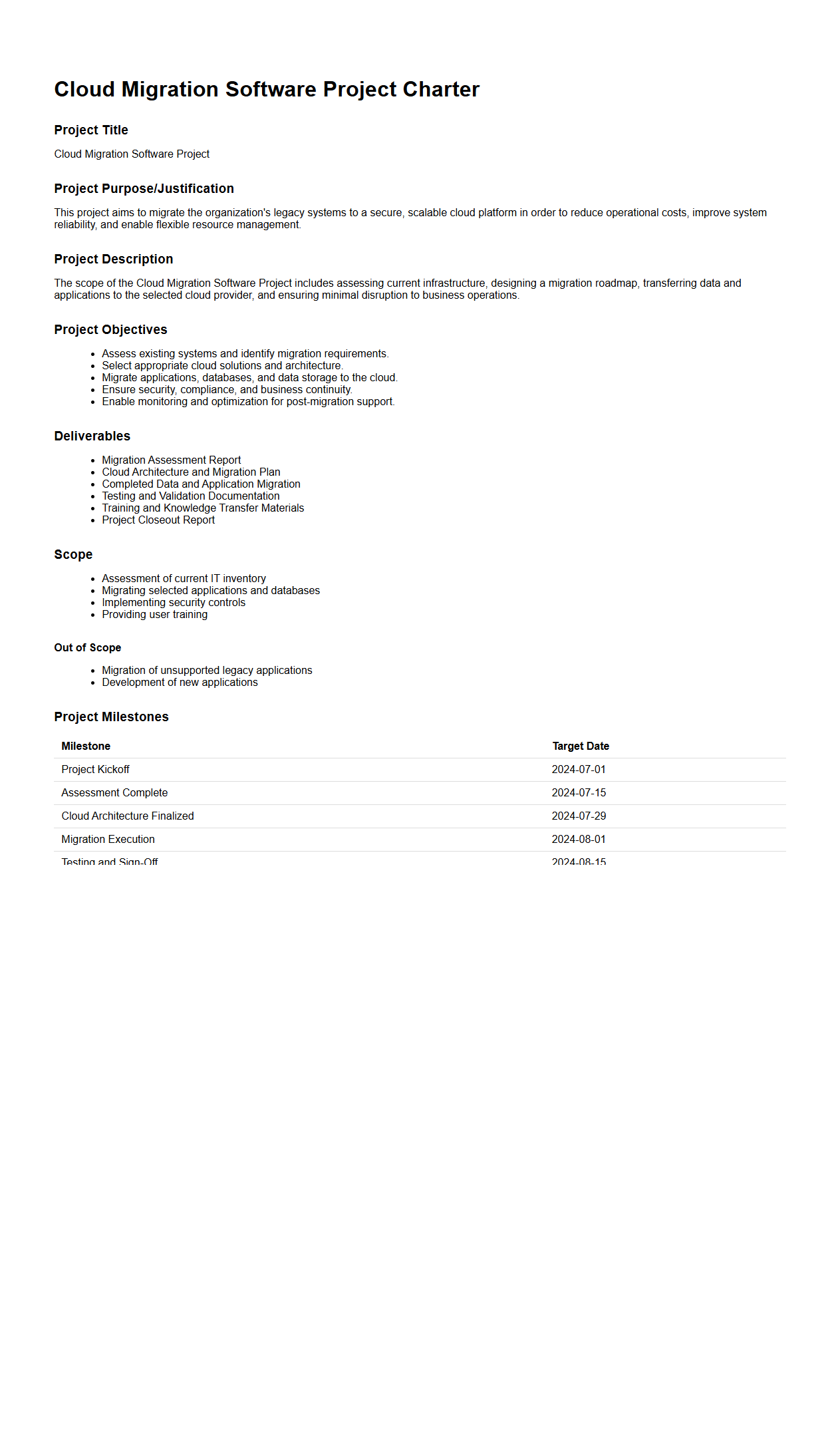 Cloud Migration Software Project Charter Example