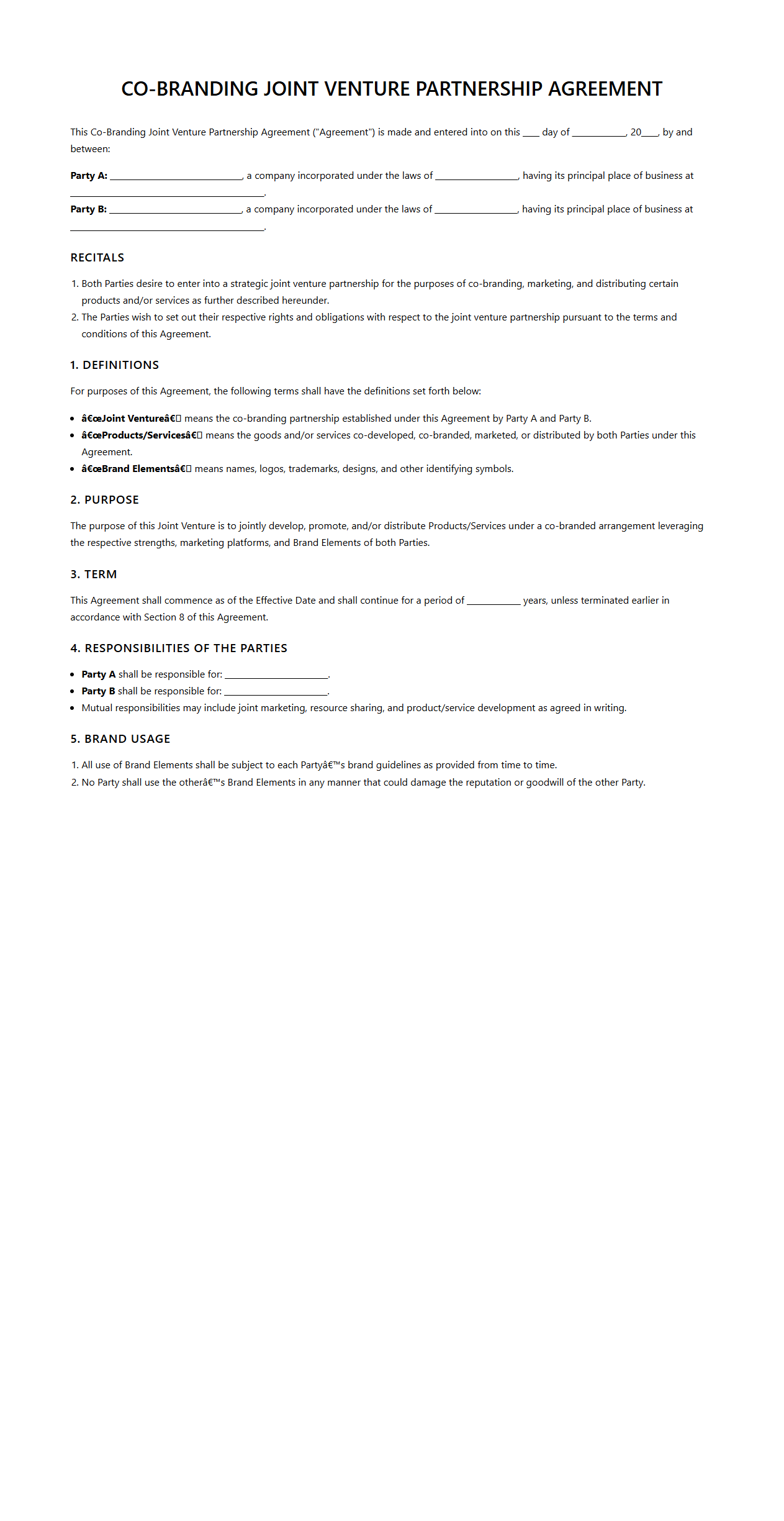 Co-Branding Joint Venture Partnership Agreement Sample