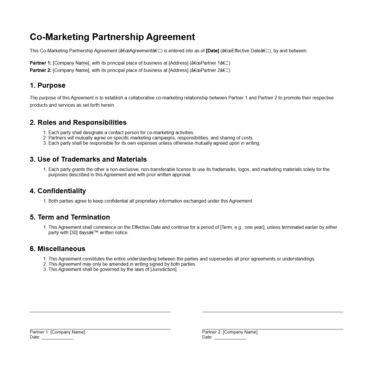 Co-Marketing Partnership Agreement Template