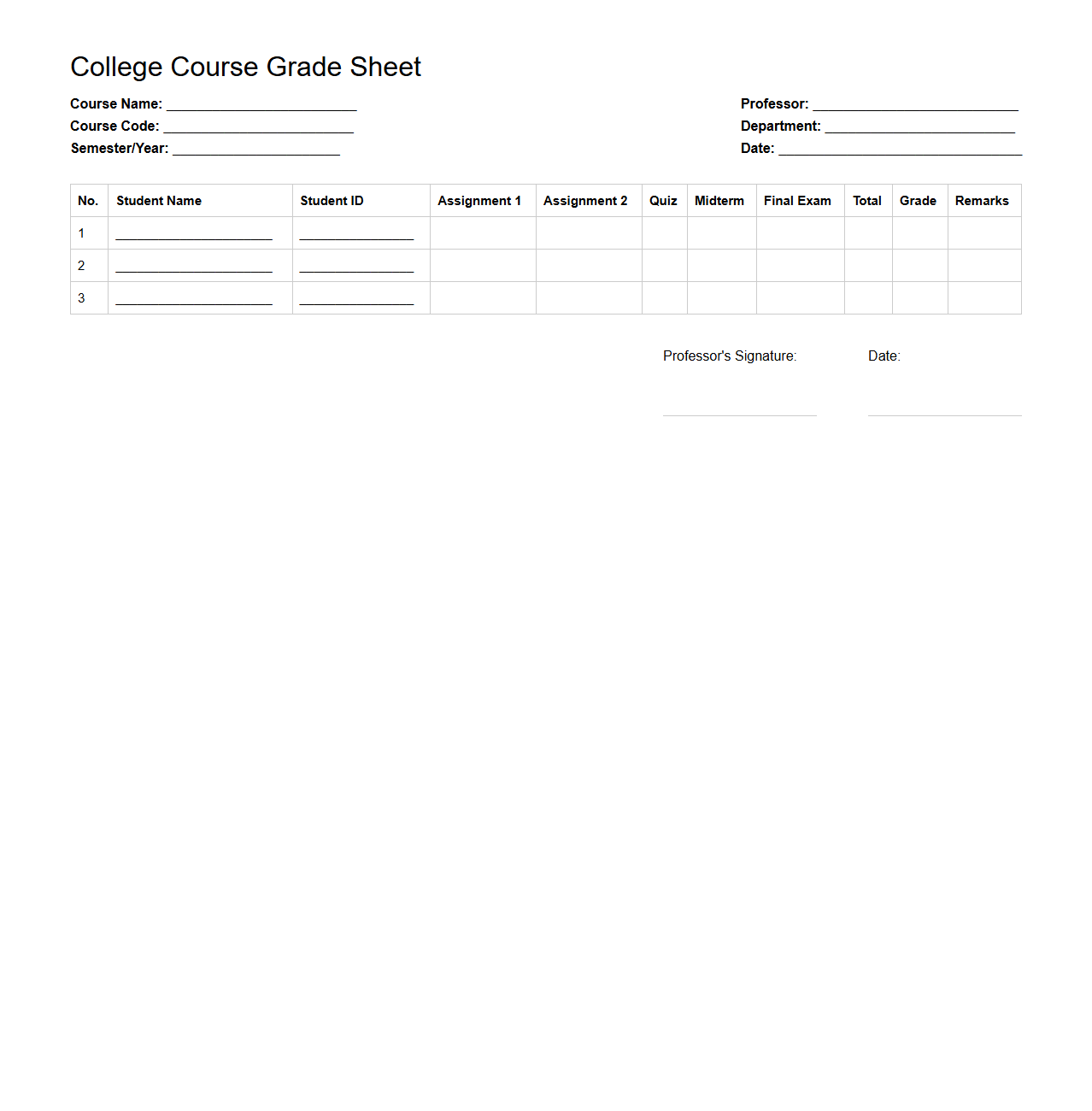 College Course Grade Sheet Format for Professors