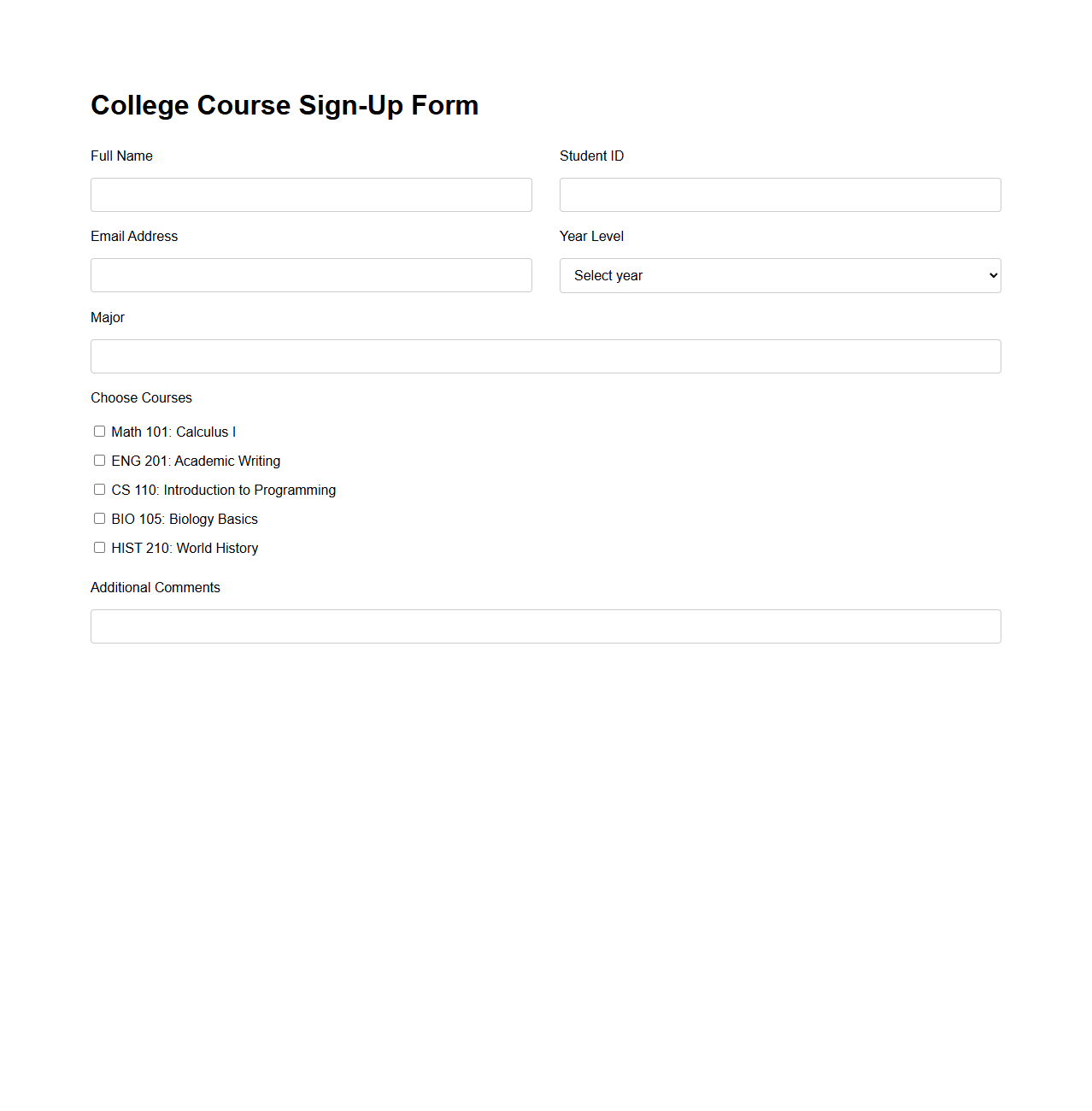 College Course Sign-Up Form Sample