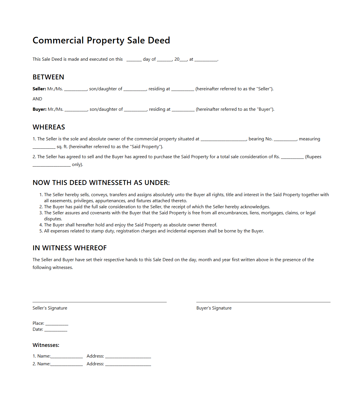 Commercial Property Sale Deed Draft
