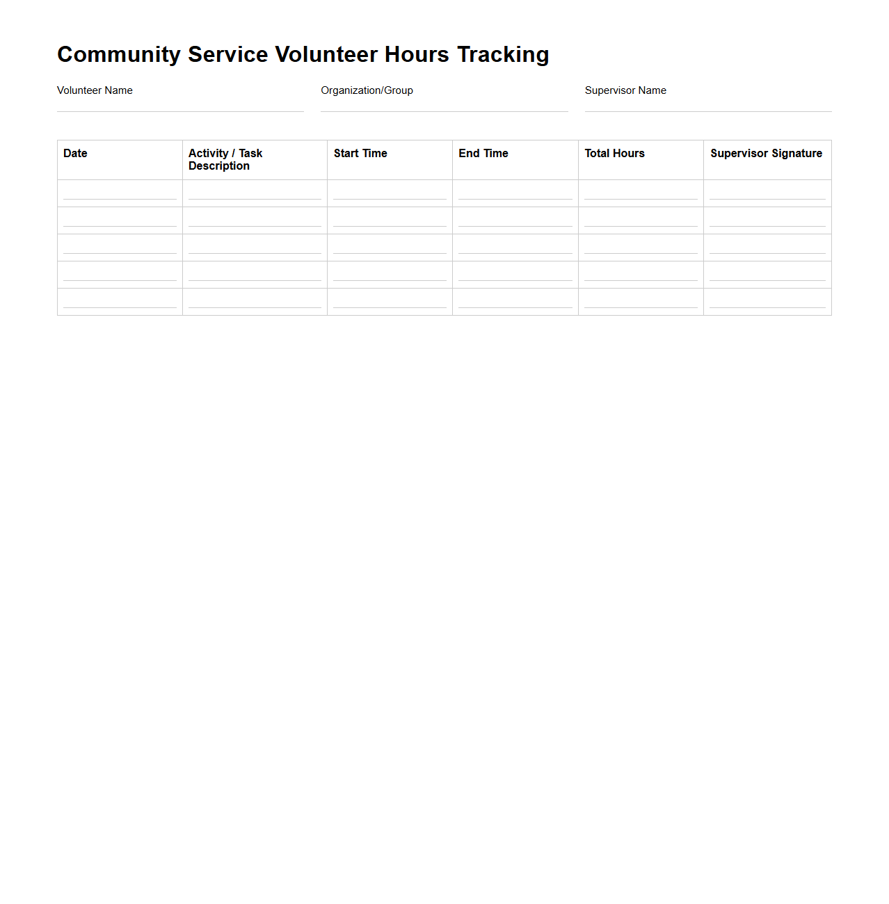 Community Service Volunteer Hours Tracking Template