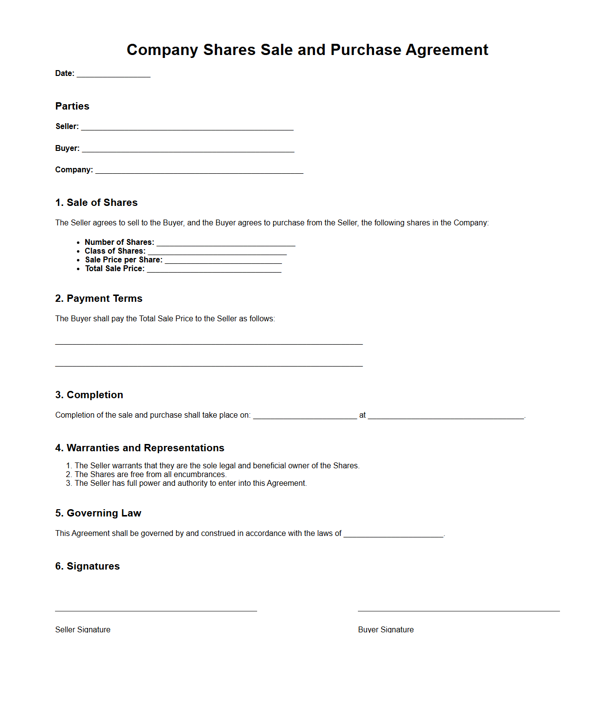 Company Shares Sale and Purchase Agreement Template