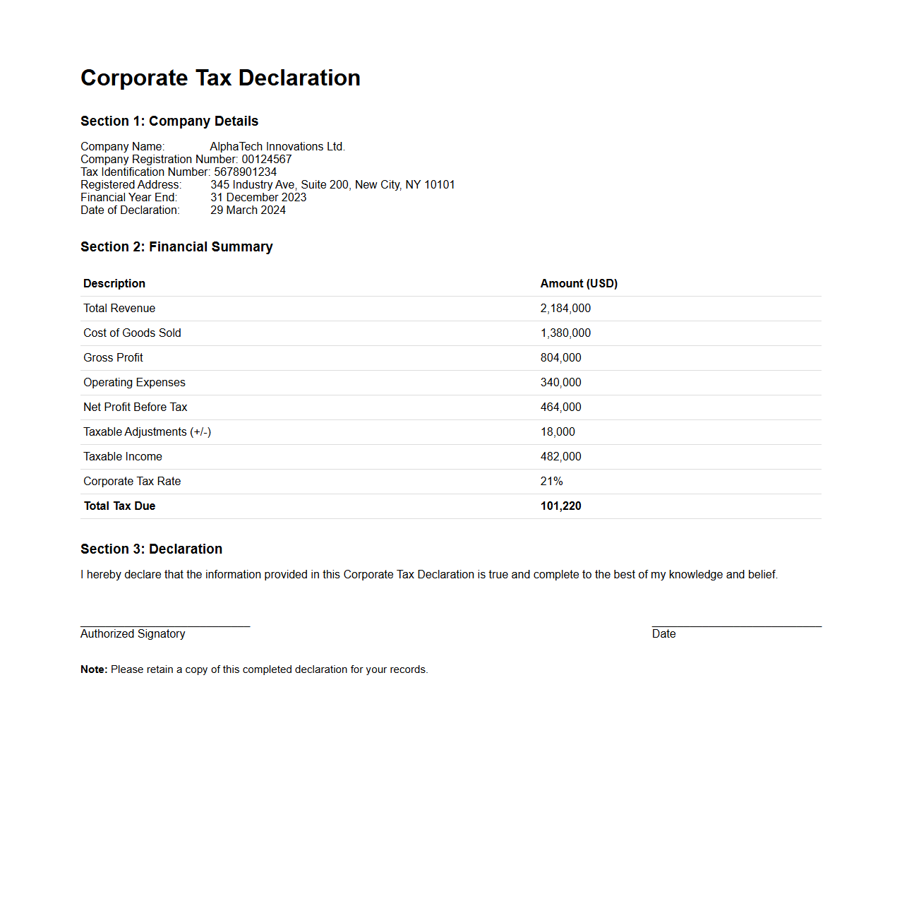 Completed Corporate Tax Declaration Sample
