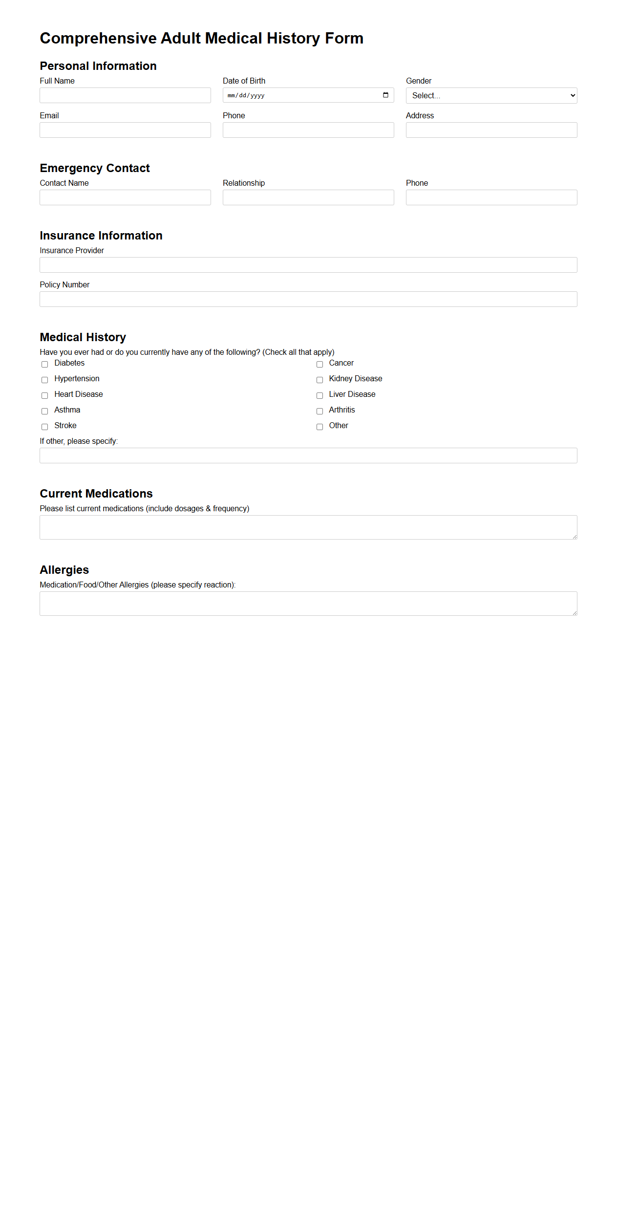 Comprehensive Adult Medical History Form