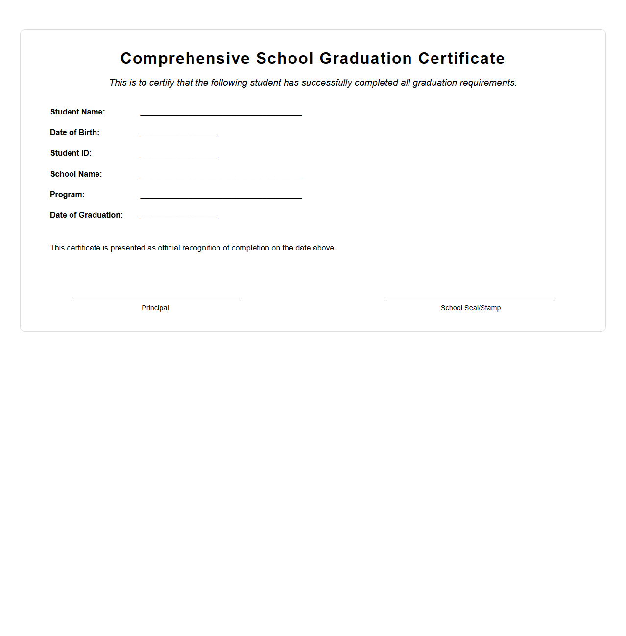 Comprehensive School Graduation Certificate Example