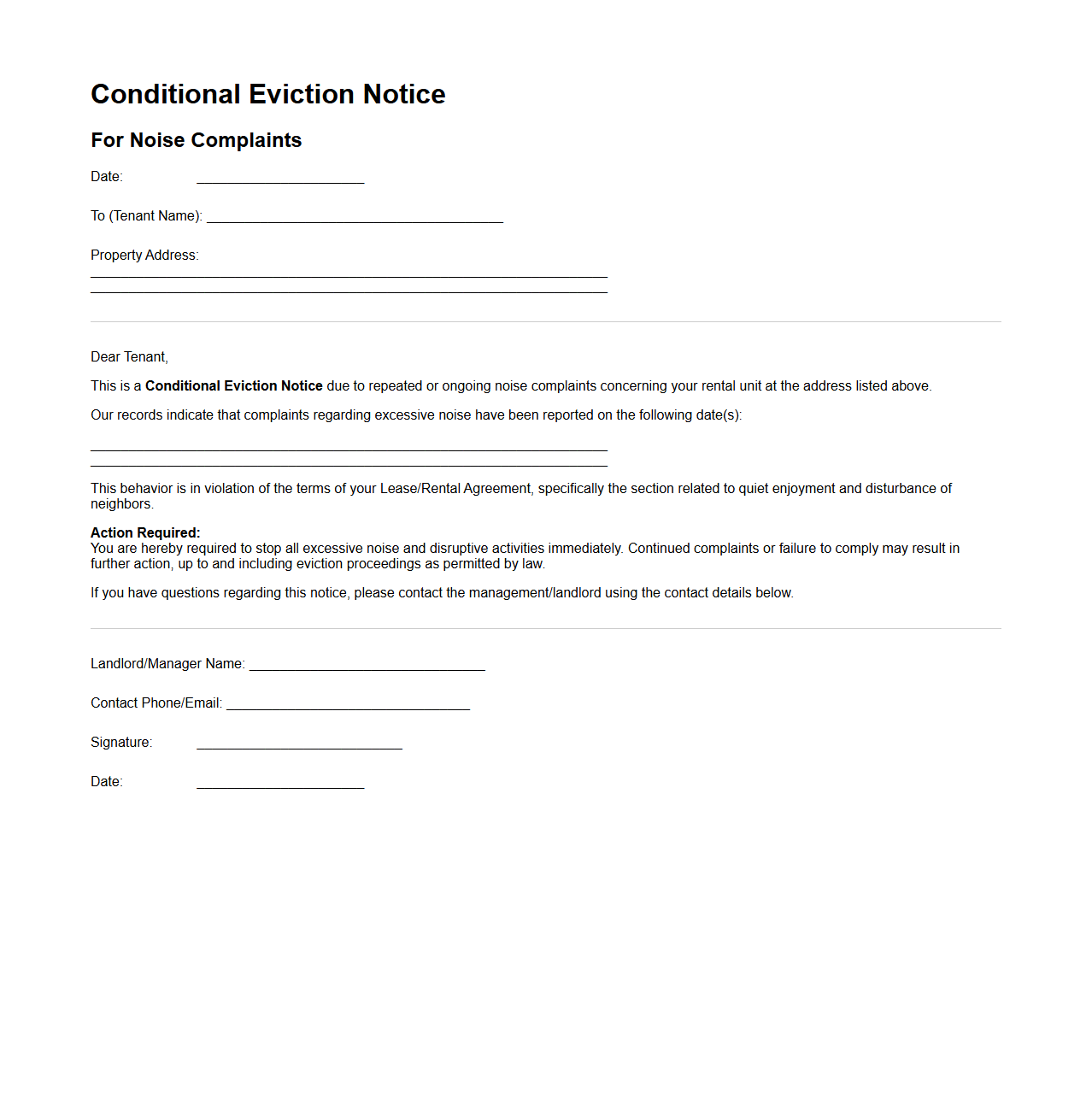 Conditional Eviction Notice for Noise Complaints