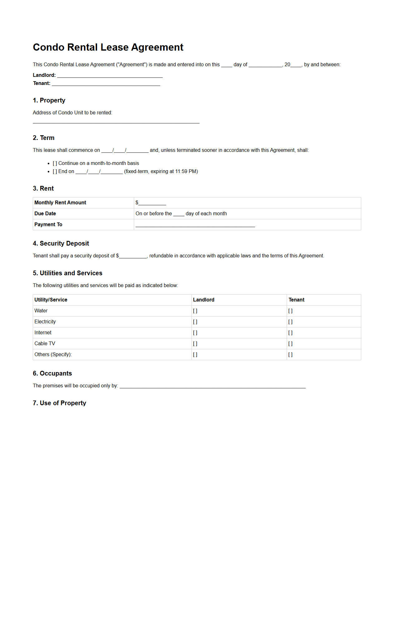 Condo Rental Lease Agreement Example