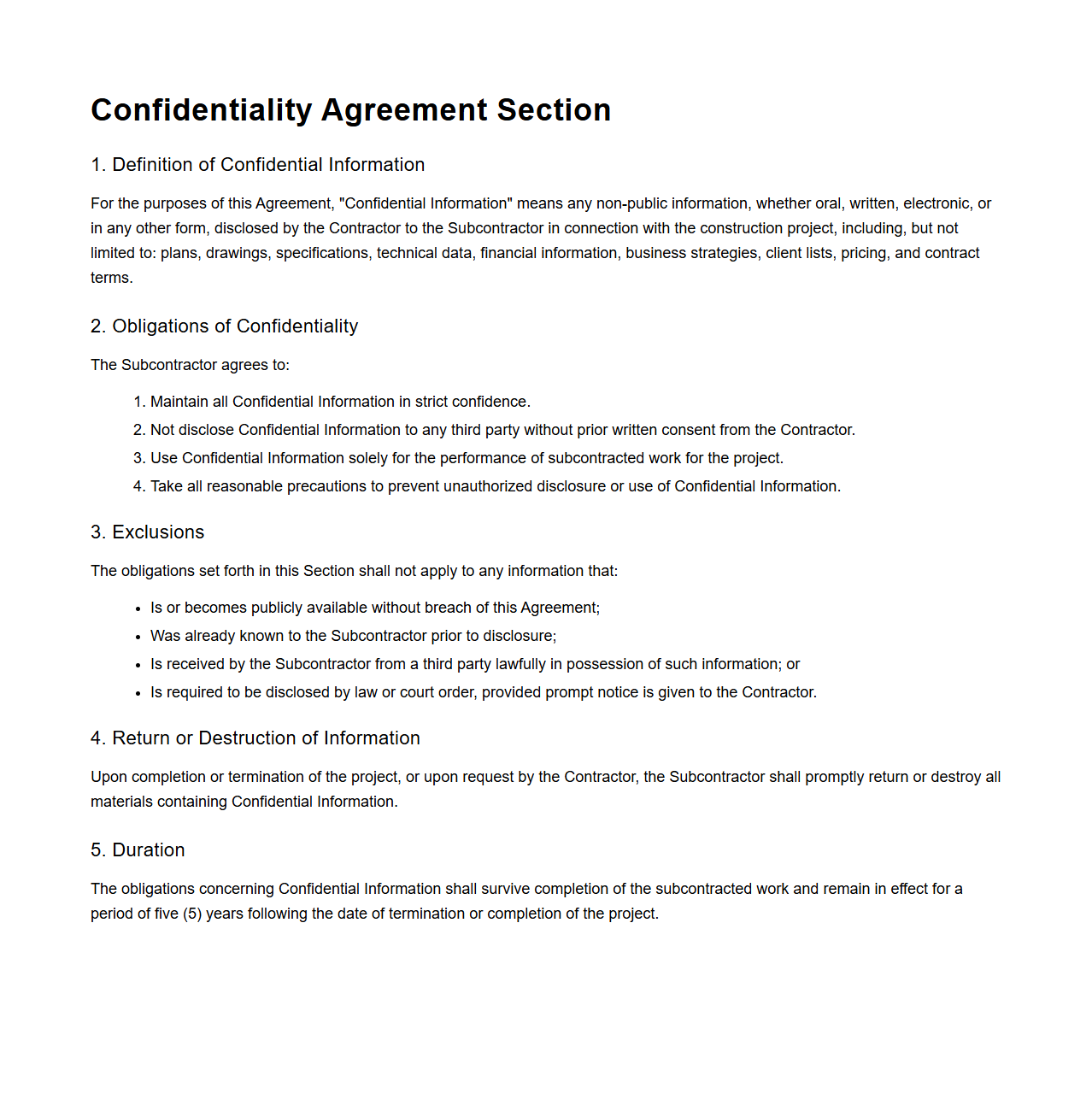 Confidentiality Agreement Section for Construction Subcontractors