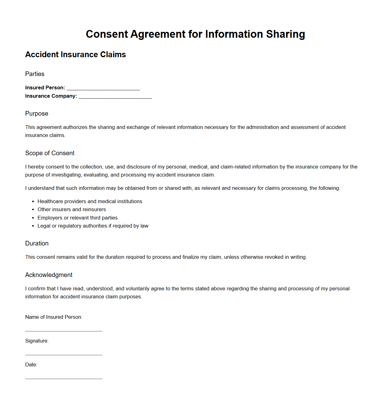 Consent Agreement for Information Sharing in Accident Insurance Claims